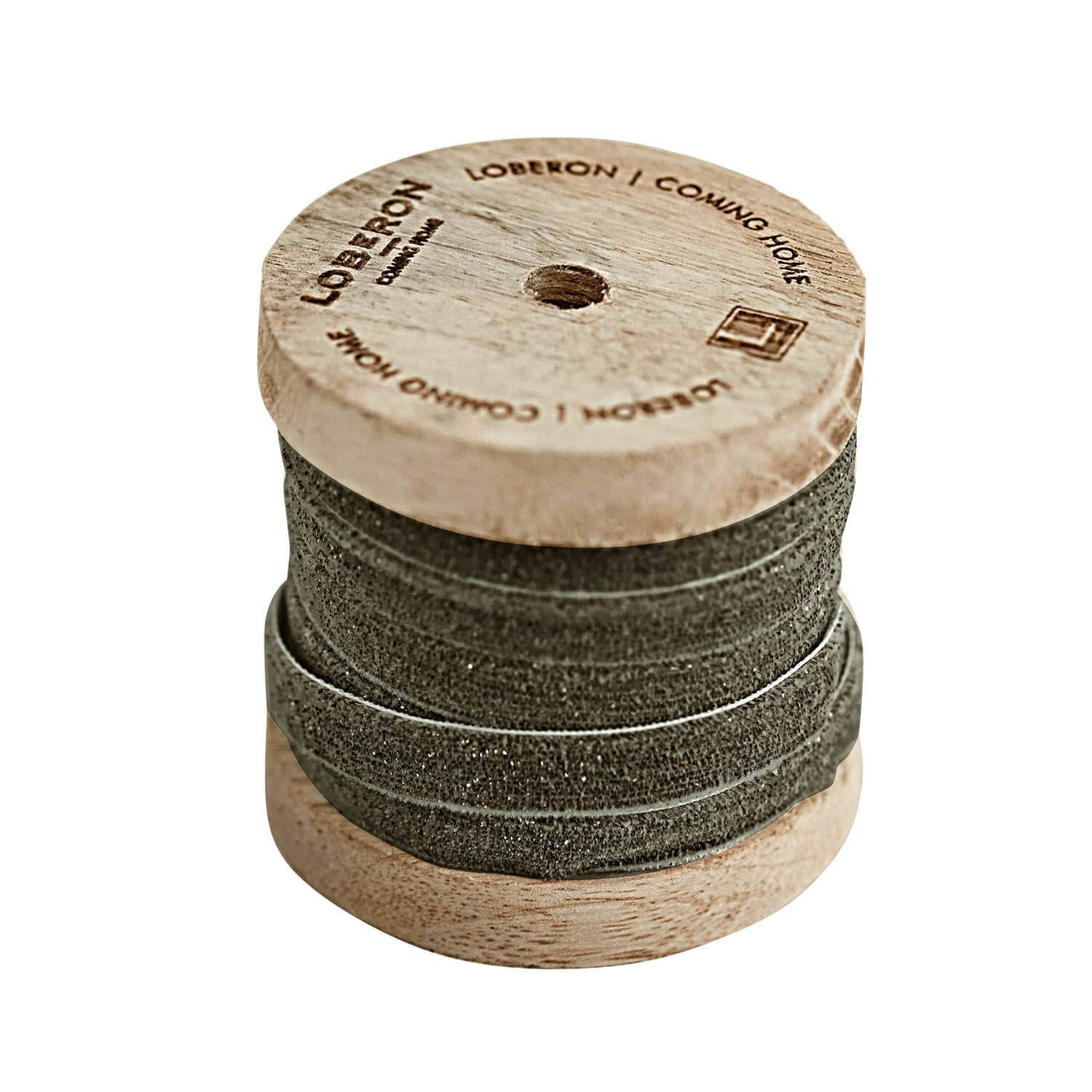 Ruban de velours Ulvane Ruban décoratif gris enroulé sur une bobine en bois avec inscription Loberon, tissu pour décoration