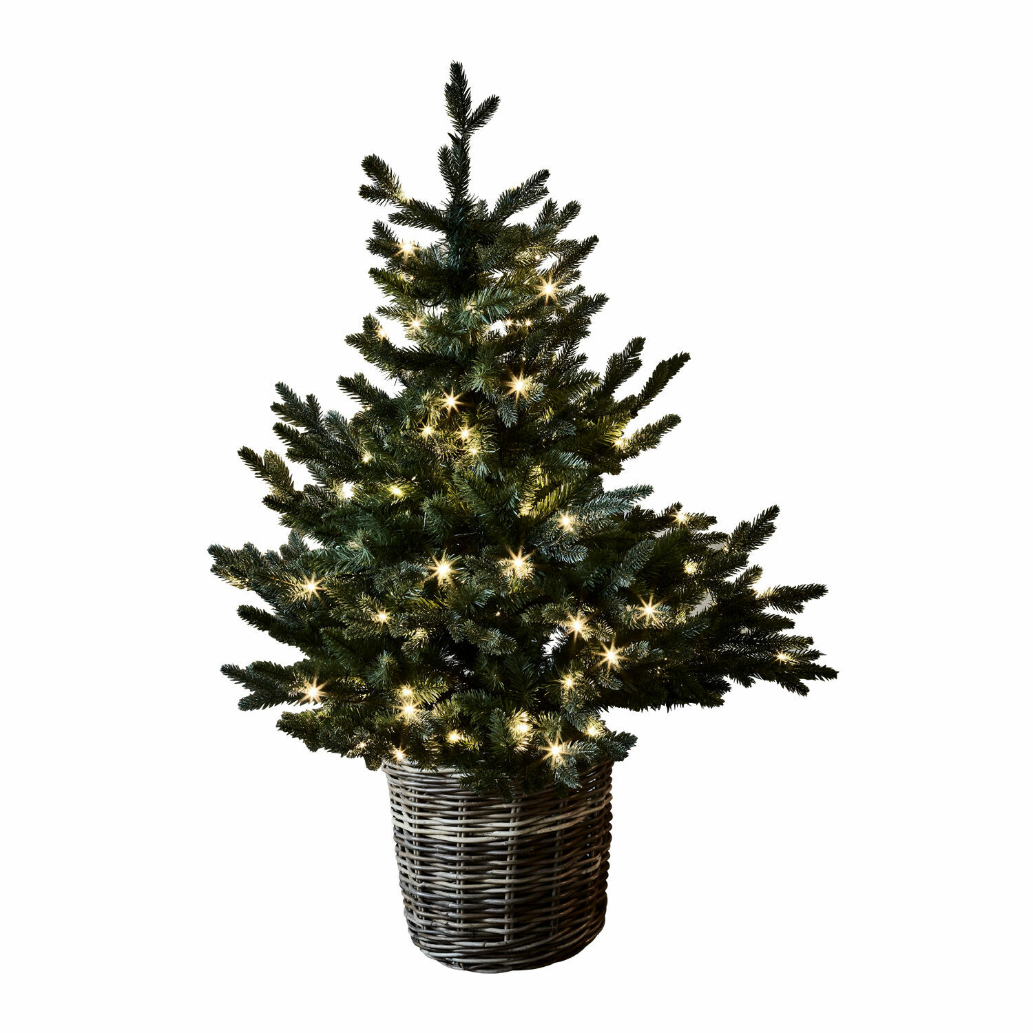 Sapin artificiel dans un panier en osier avec lumières blanches chaudes, décoration de Noël