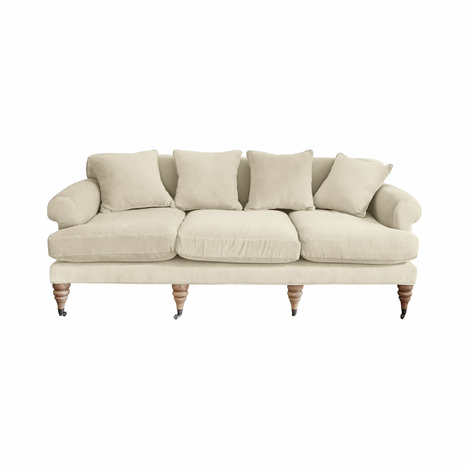 beige Canapé beige Kazimir en tissu doux avec coussins et pieds en bois, meuble confortable pour salon