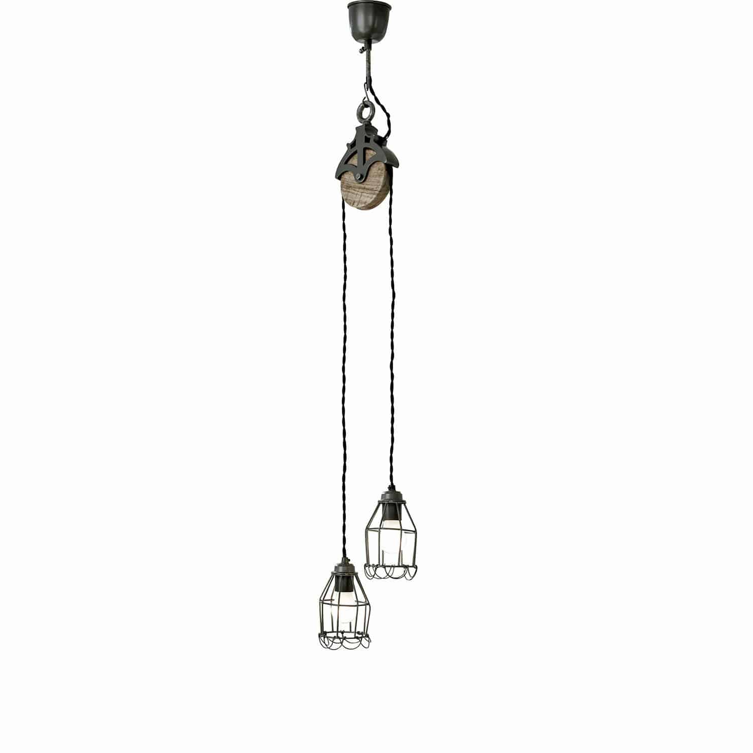 Suspension Trevici Suspension double en métal noir avec cage et élément en bois pour un style industriel intérieur
