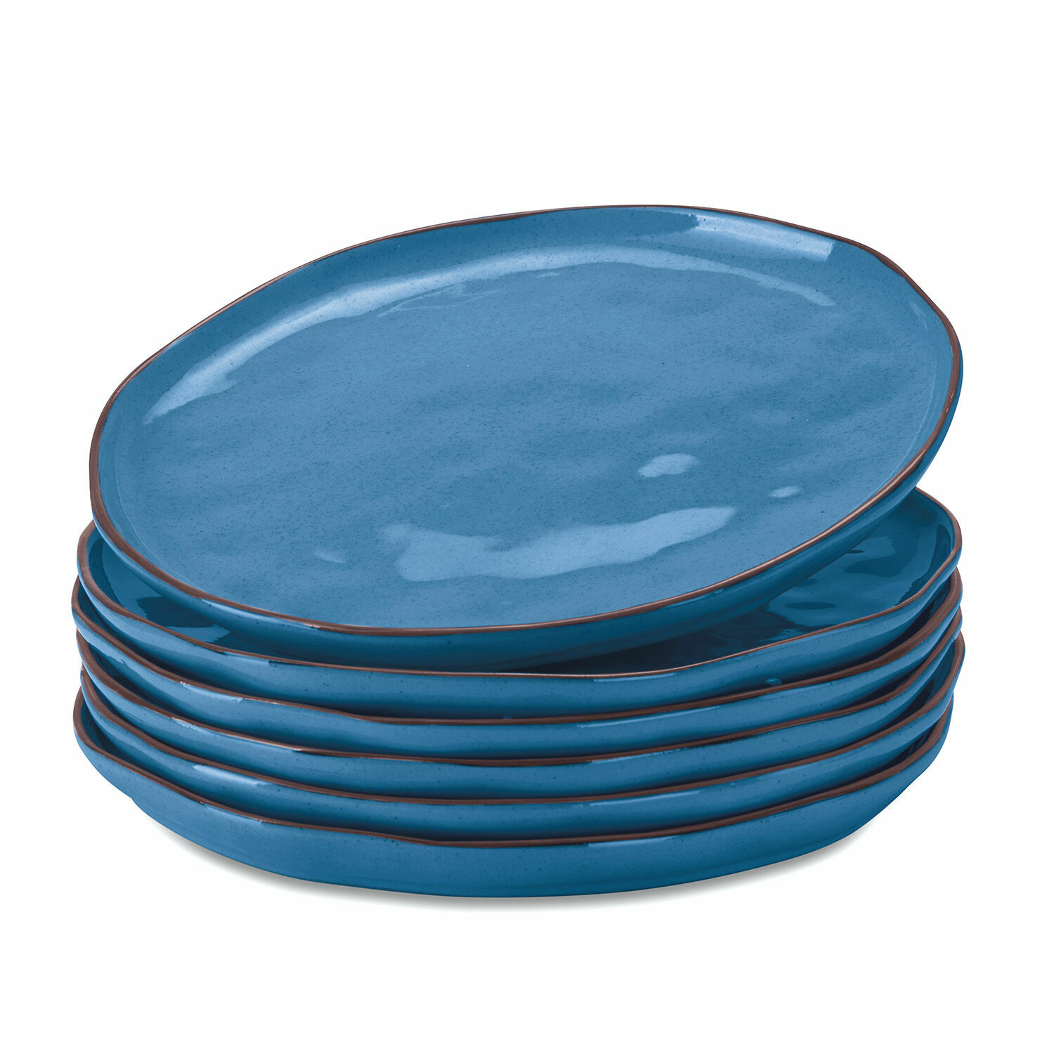 Lot de 6 assiettes Biarré Ensemble de six assiettes en céramique bleue avec bord marron pour la table à manger