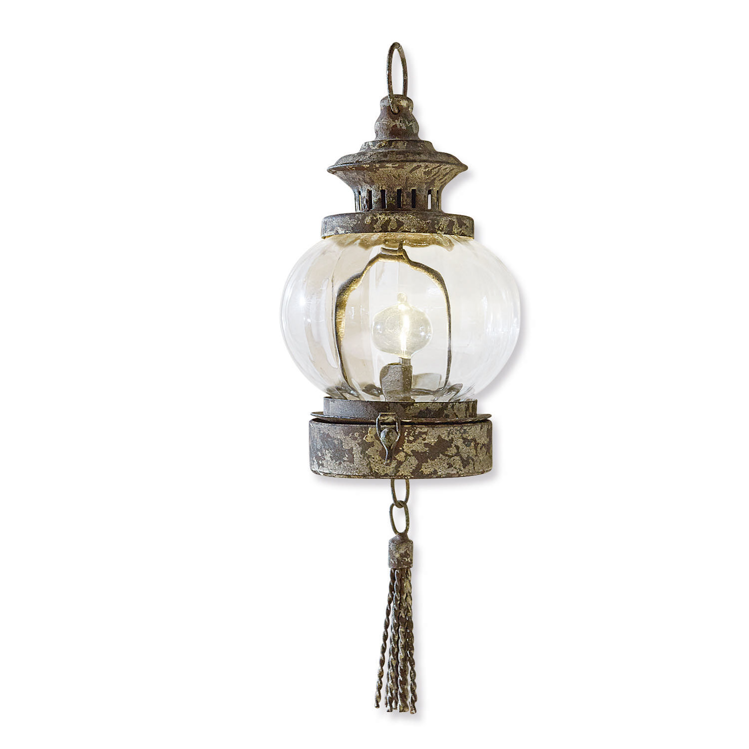 Lanterne à suspendre Timone Lanterne suspendue en métal vieilli avec globe en verre transparent et pampille décorative