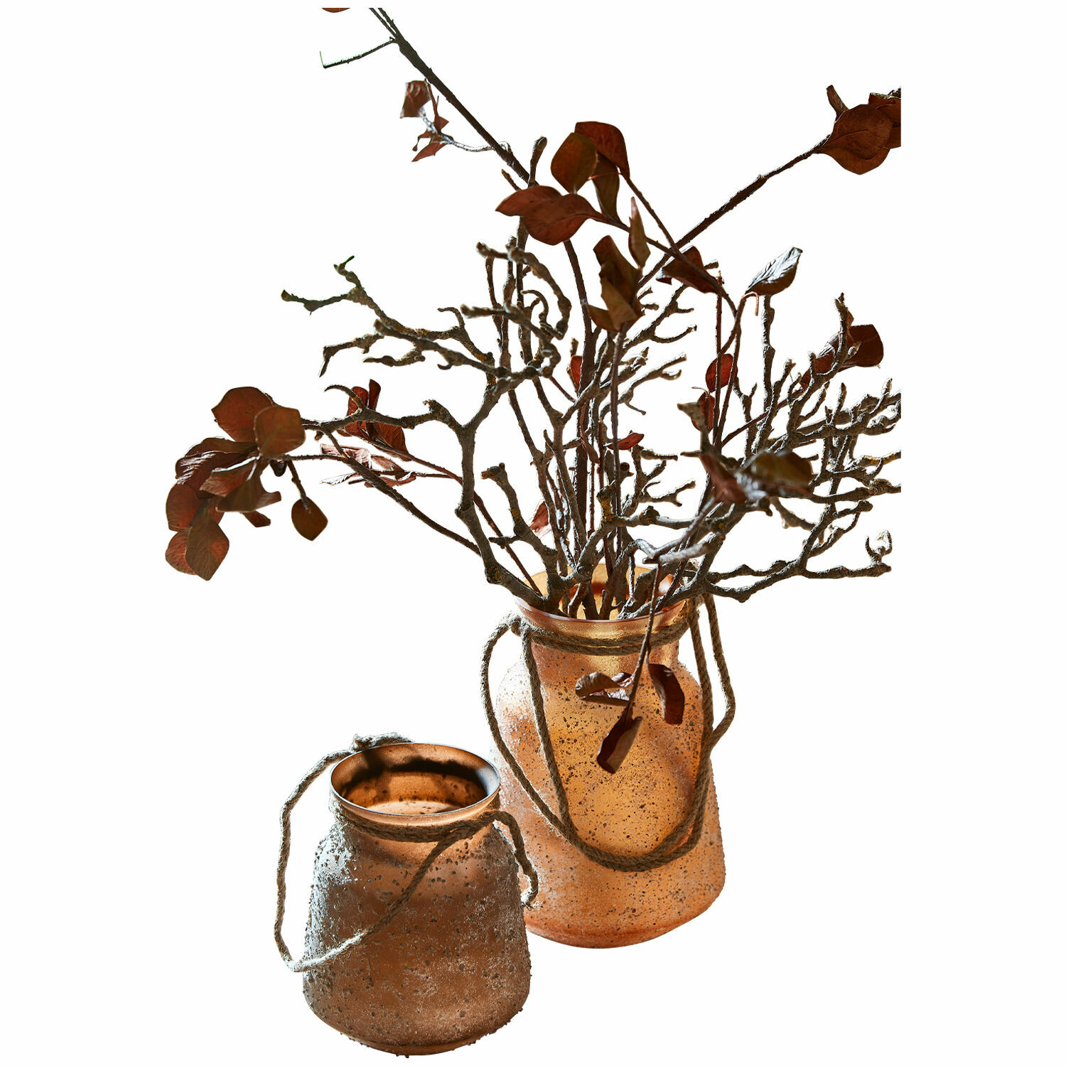 Lot de 2 vases Querello Deux bocaux décoratifs en verre cuivré avec poignées en corde et branches sèches pour décoration intérieure