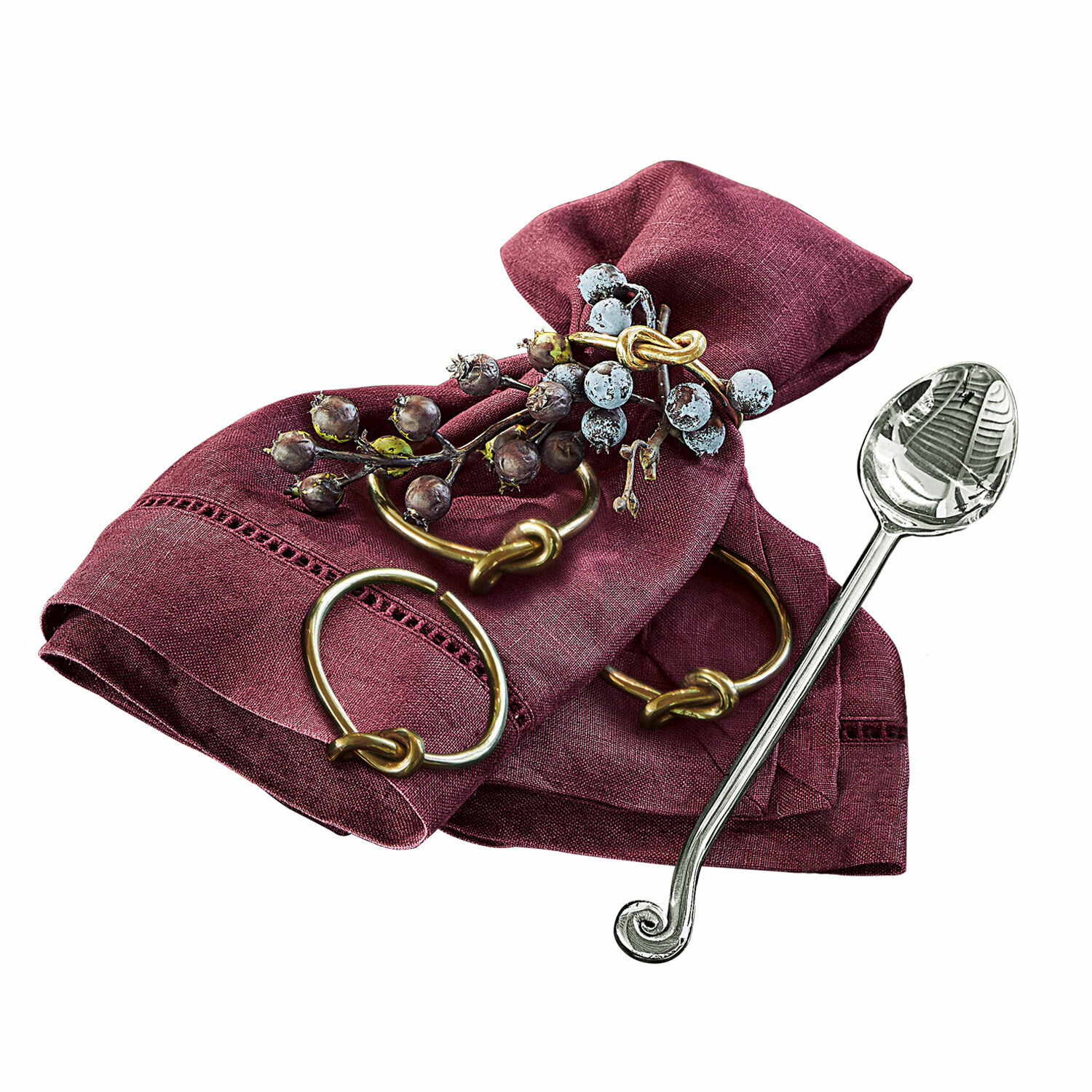 Lot de 4 ronds de serviettes Motje Serviette en lin bordeaux avec anneau en laiton et décoration de baies pour table