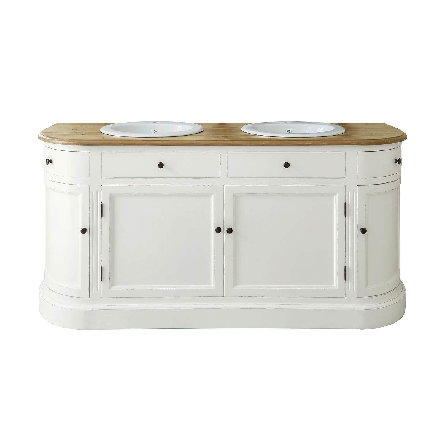 Meuble à double-vasque Louisiana Meuble de salle de bain blanc avec deux vasques blanches et plan en bois clair