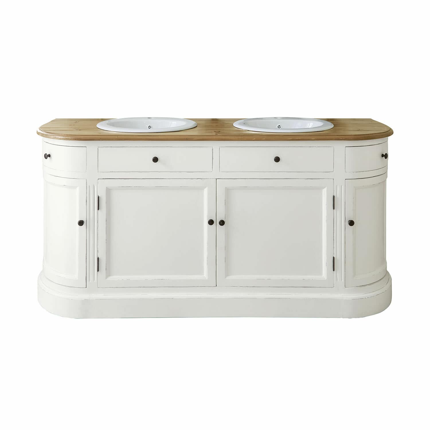 Meuble à double-vasque Louisiana Meuble de salle de bain blanc avec deux vasques blanches et plan en bois clair