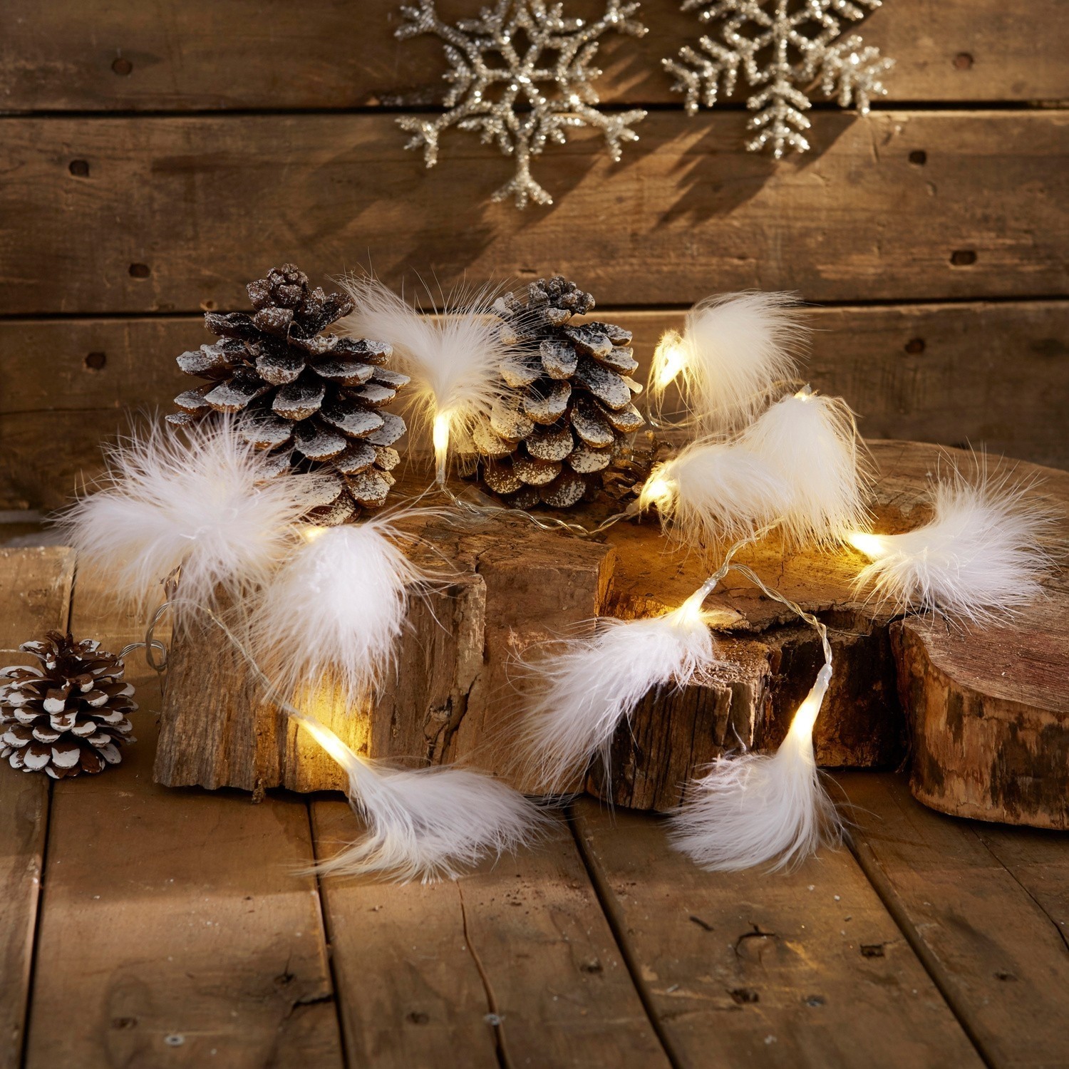 Lot de 2 guirlandes lumineuses Forres Guirlande lumineuse avec plumes blanches sur fond en bois avec pommes de pin et décorations hivernales