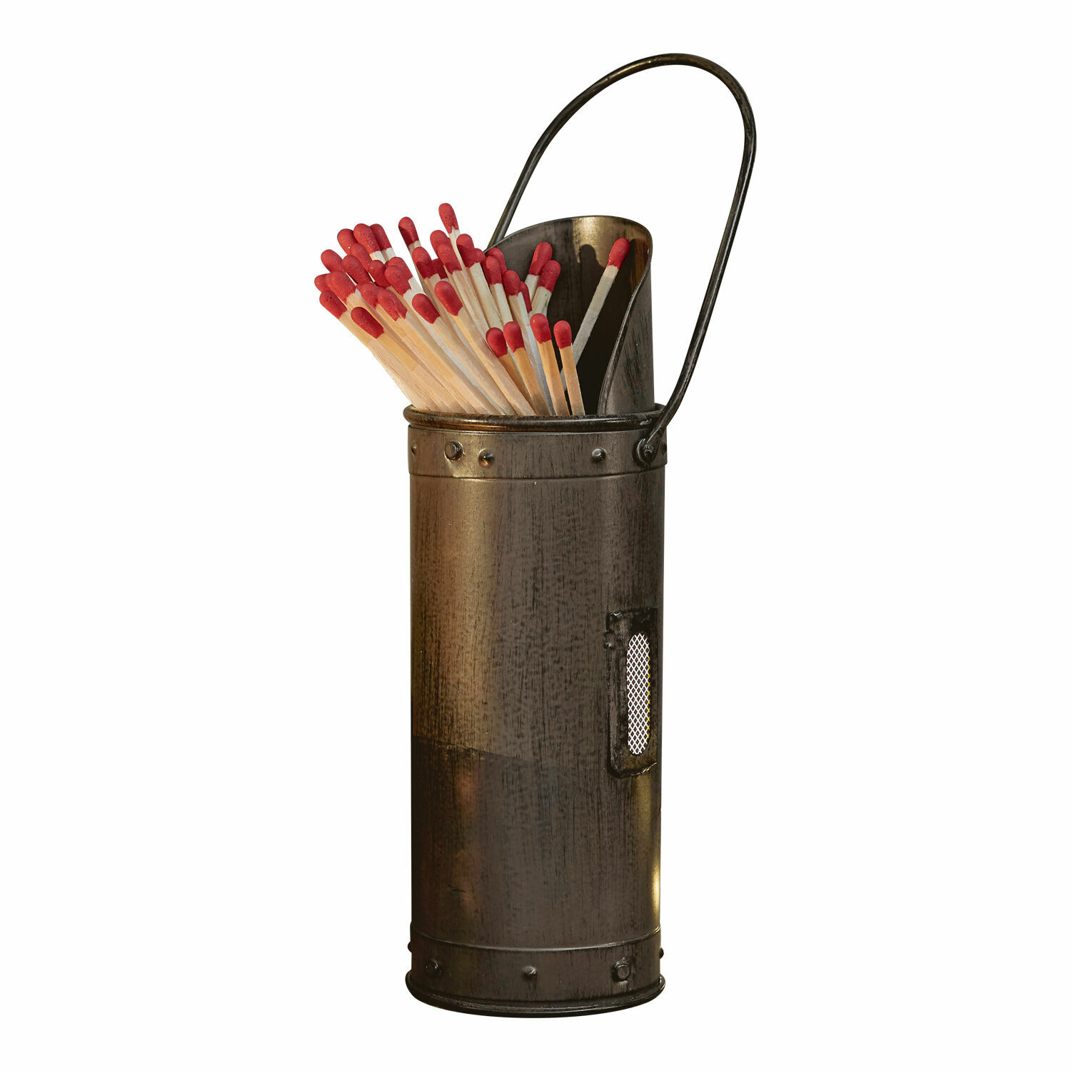 Porte-allumettes Grimsby en métal couleur rouille avec allumettes à tête rouge