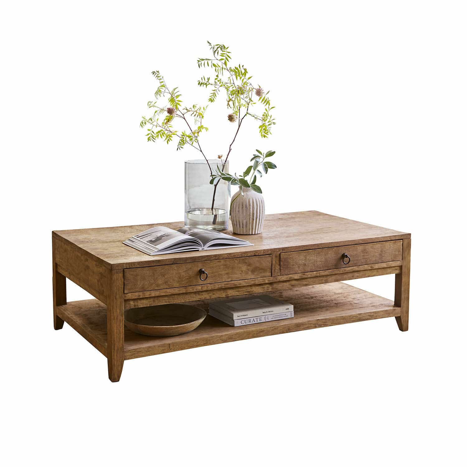 Table basse Rasmus Table basse en bois de manguier naturel avec deux tiroirs et étagère pour livres et décorations