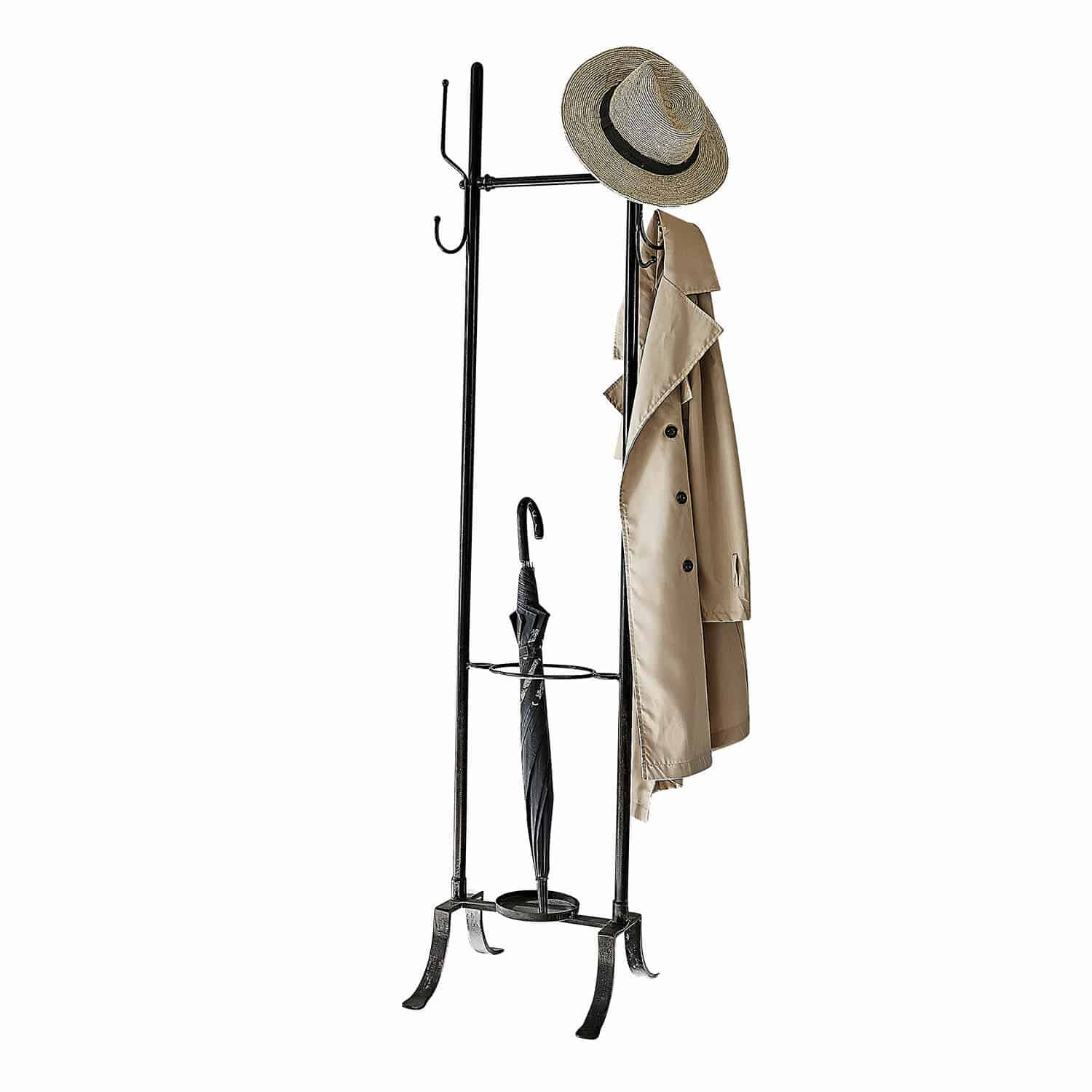 Portemanteau Mistyvale Porte-manteau en métal noir avec manteau beige, chapeau et parapluie noir pour l'entrée
