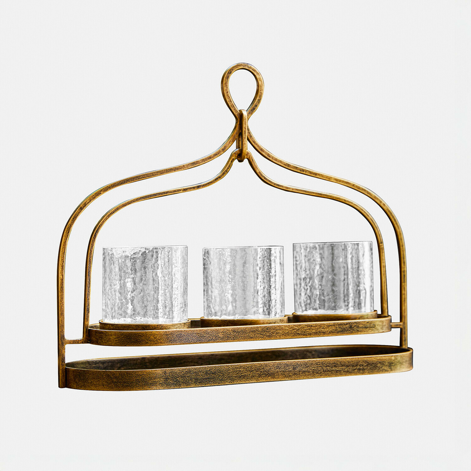 Bougeoir Biserre en métal couleur or antique avec trois verres pour bougies décoratives