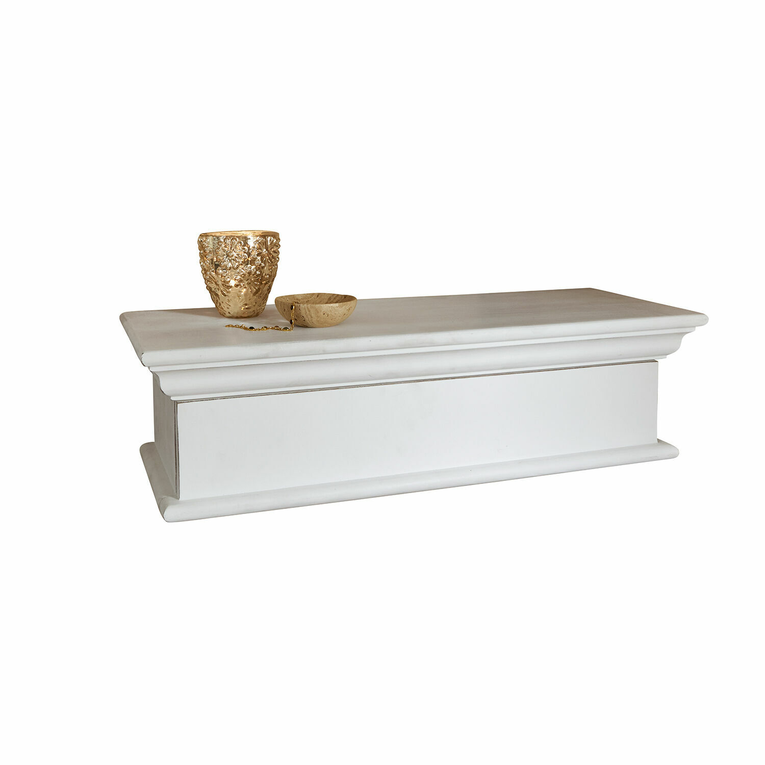 blanc Étagère murale blanche en bois Montarie avec profil classique et objets décoratifs dorés dessus