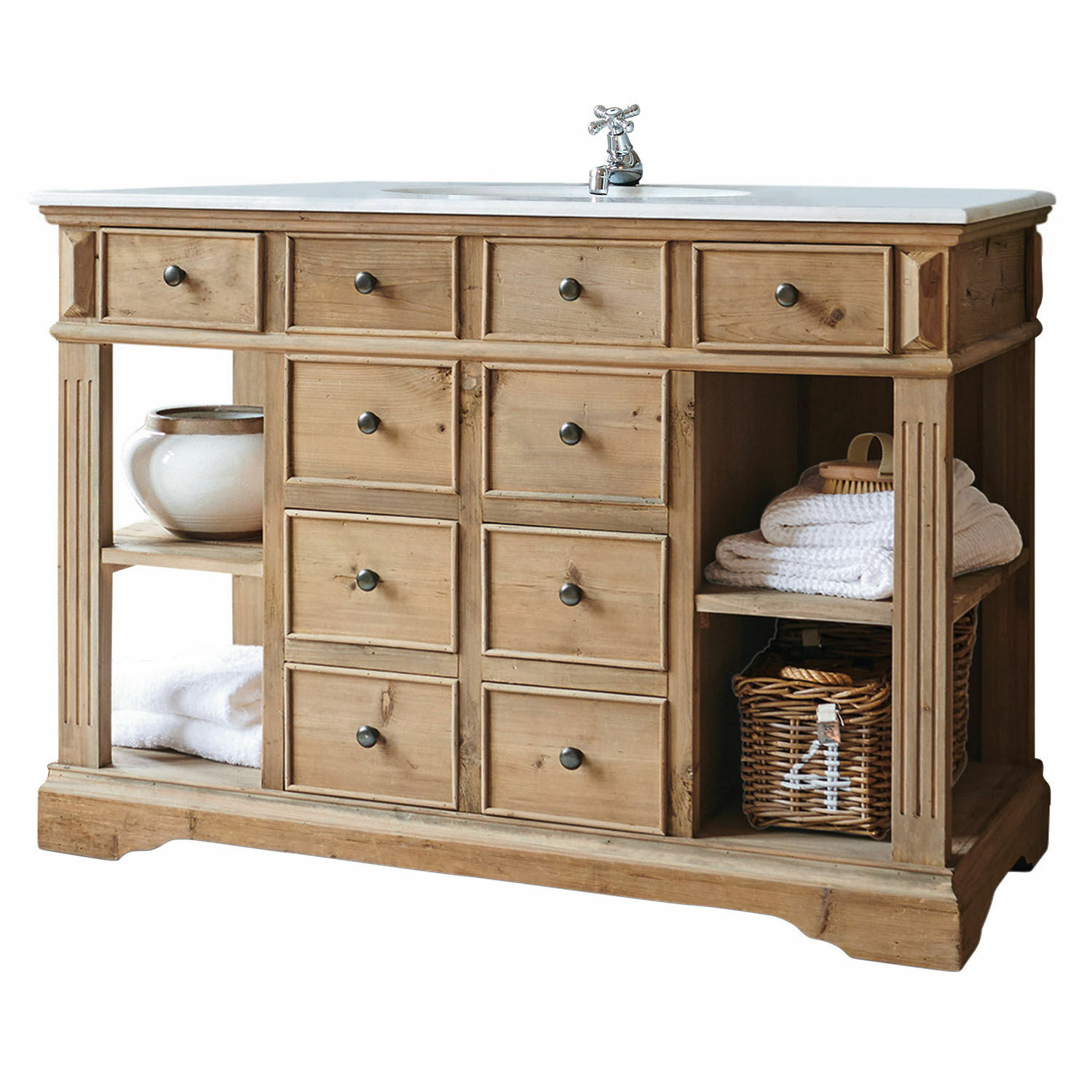 Meuble et vasque Thibault Meuble de salle de bain en bois naturel avec plan en marbre blanc et robinet en métal chromé