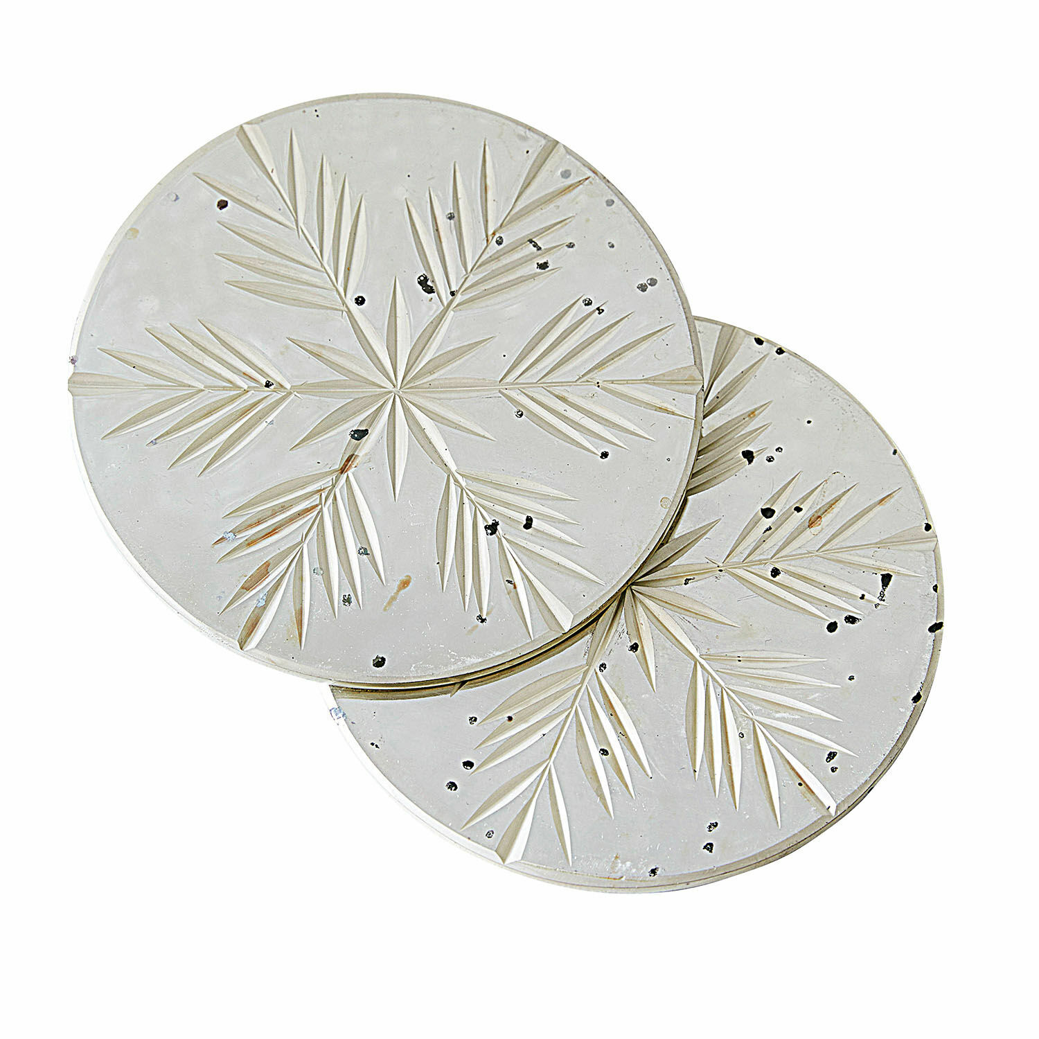 Lot de 2 dessous de verres Angeloi Ensemble de deux dessous de verre ronds en béton clair avec motif gravé de feuilles, accessoires déco maison