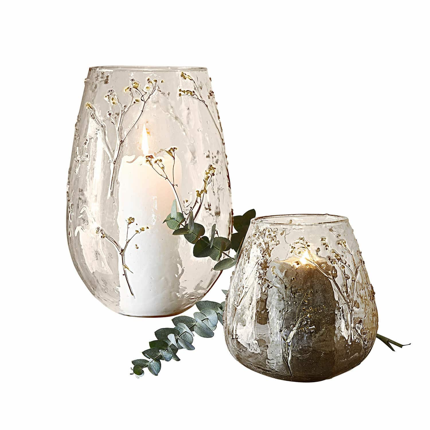 Lot de 2 photophores Elorisse Photophores en verre transparent et brun avec motifs de branches et fleurs séchées, décoration intérieure