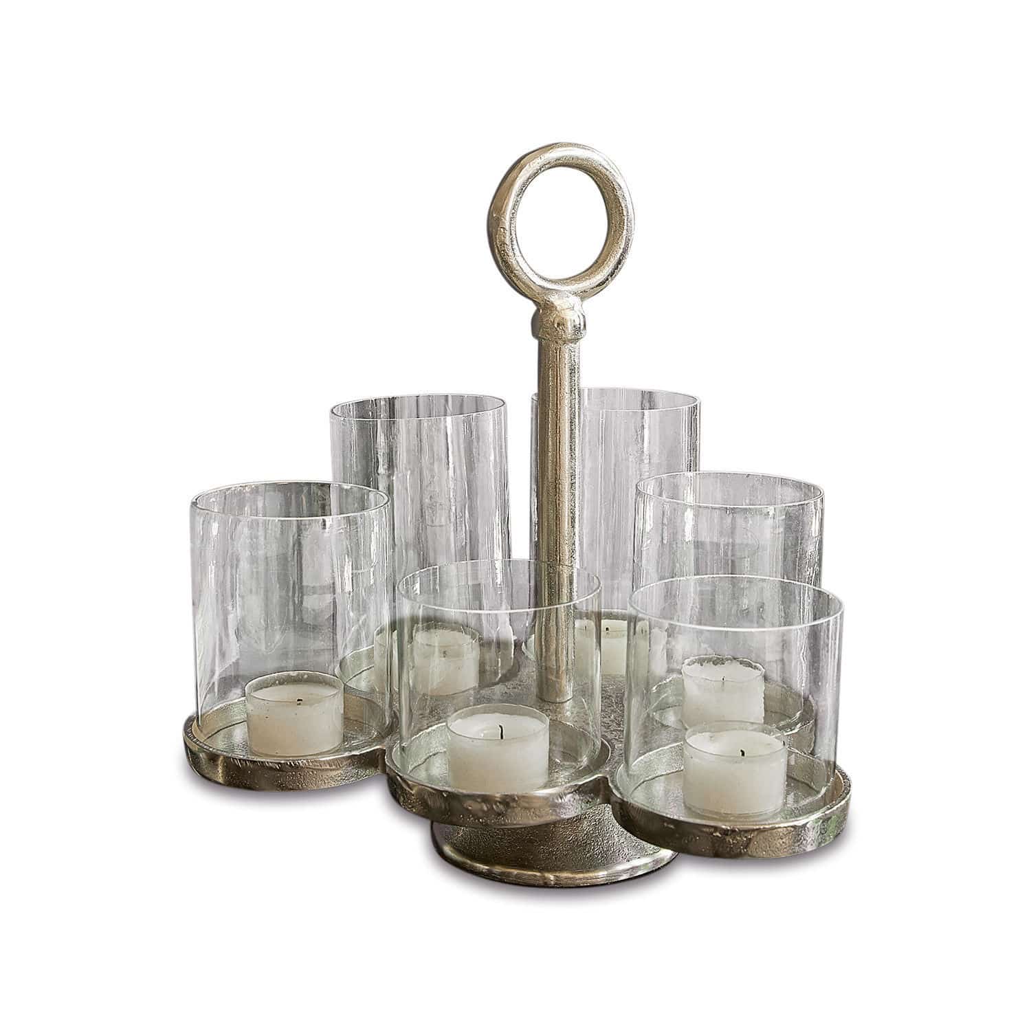 Photophore Gjaloran en métal argenté avec protections en verre transparent pour bougies chauffe-plat