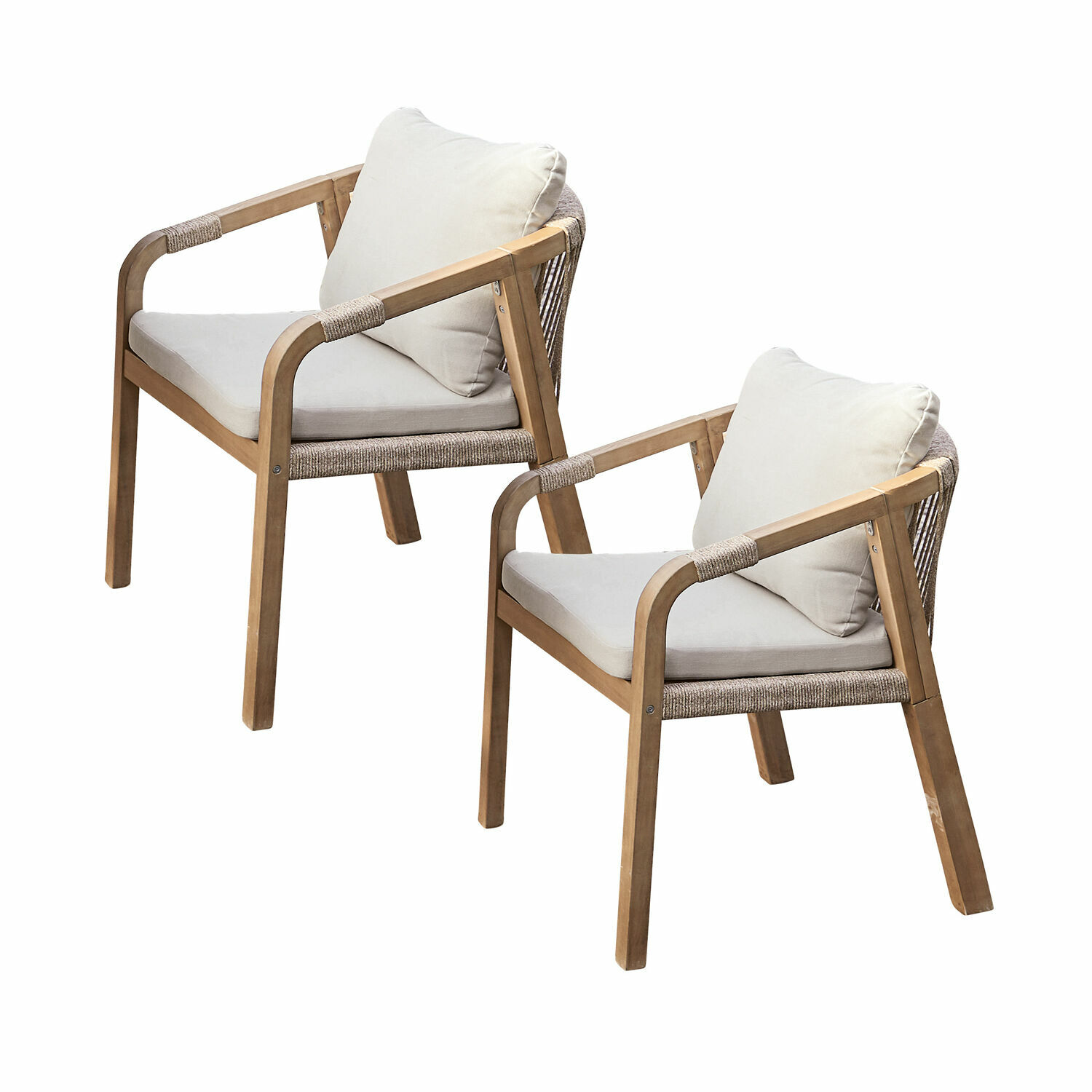 Ensemble de deux chaises Kennedy en bois FSC, cadre marron et coussins crème, mobilier confortable pour salon