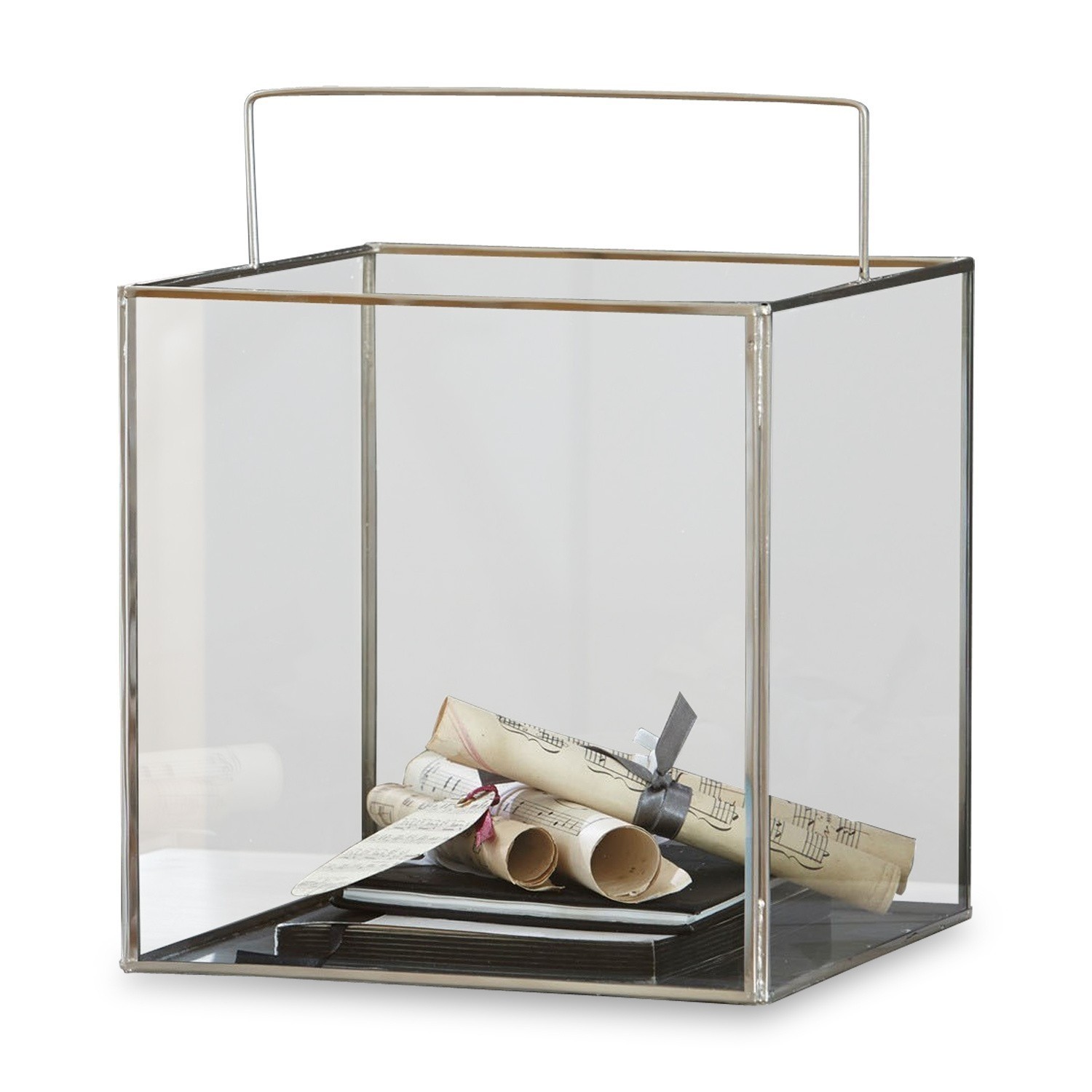 Photophore Otero Lanterne en verre transparent avec cadre métallique et poignée, décoration intérieure élégante