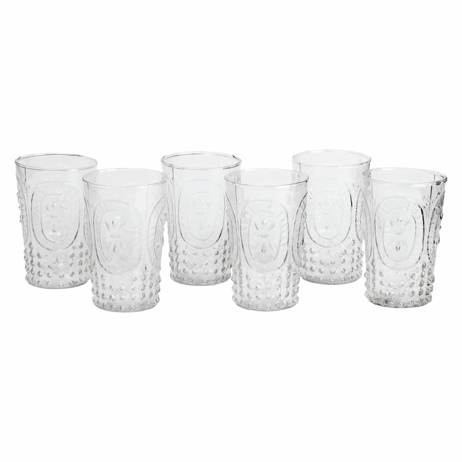 Lot de 6 verres Fleury Ensemble de six verres transparents en verre avec relief décoratif et points en relief