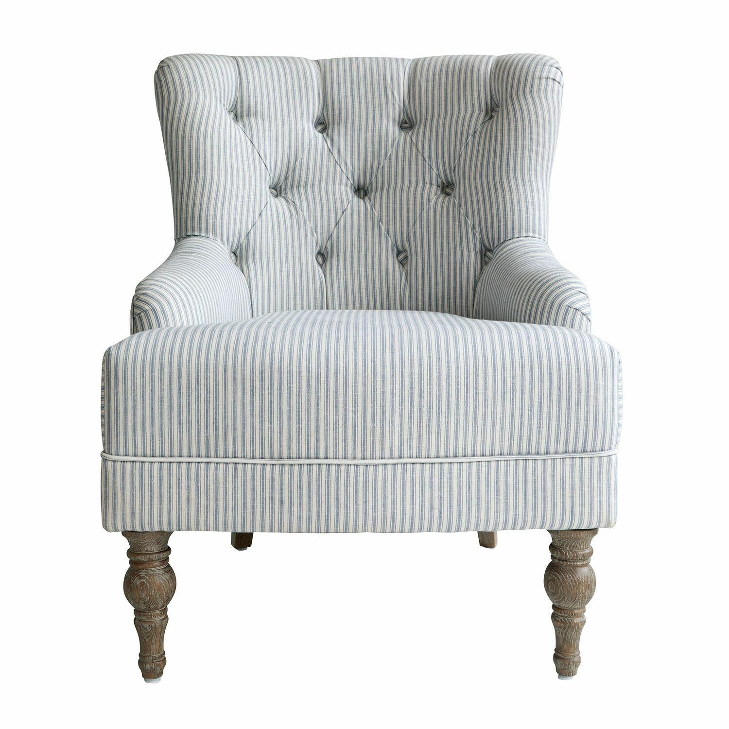 Fauteuil Amuran rayé bleu et blanc en tissu avec pieds en bois sculpté, style vintage élégant