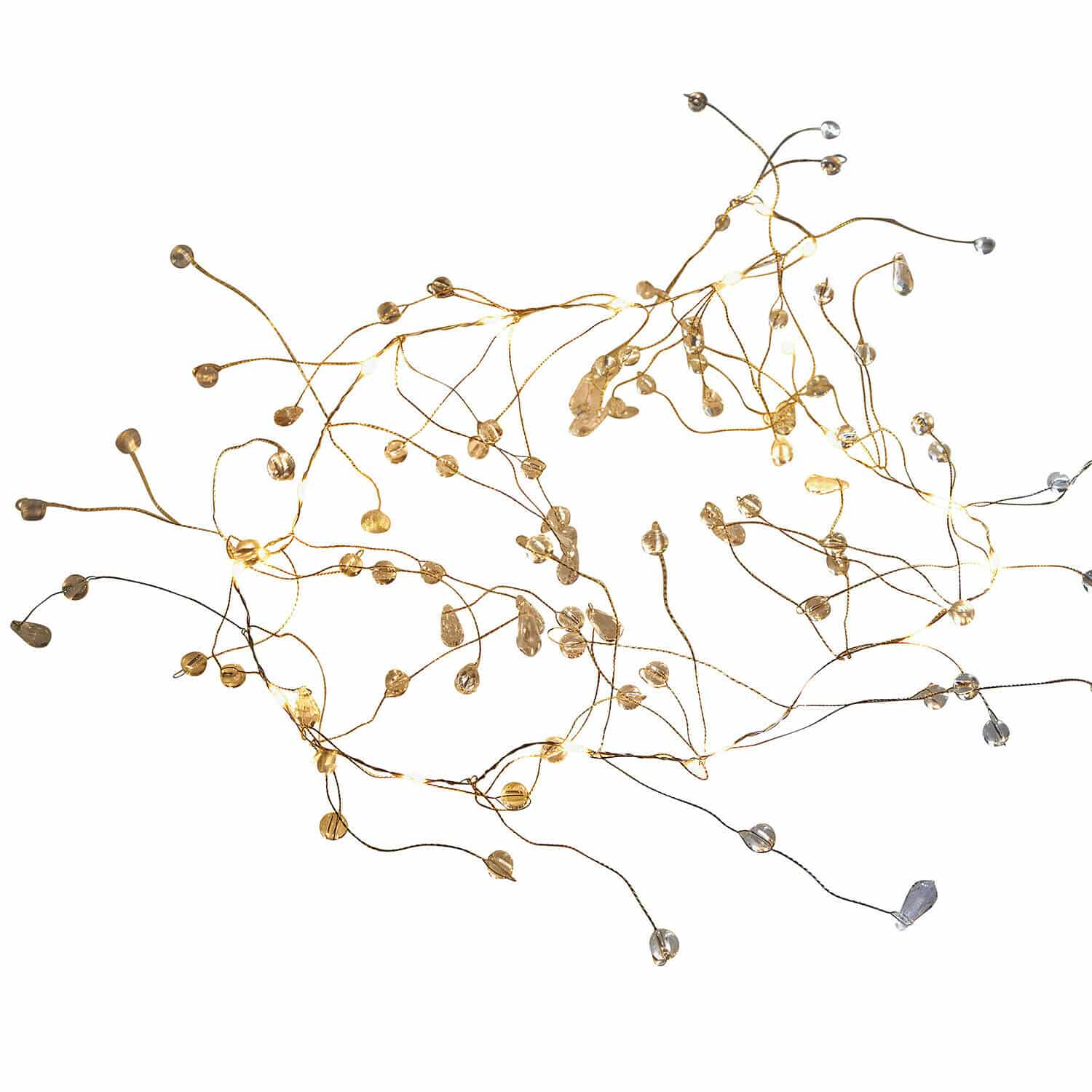 Guirlande lumineuse délicate avec cristaux transparents sur fils dorés fins, décoration LED élégante