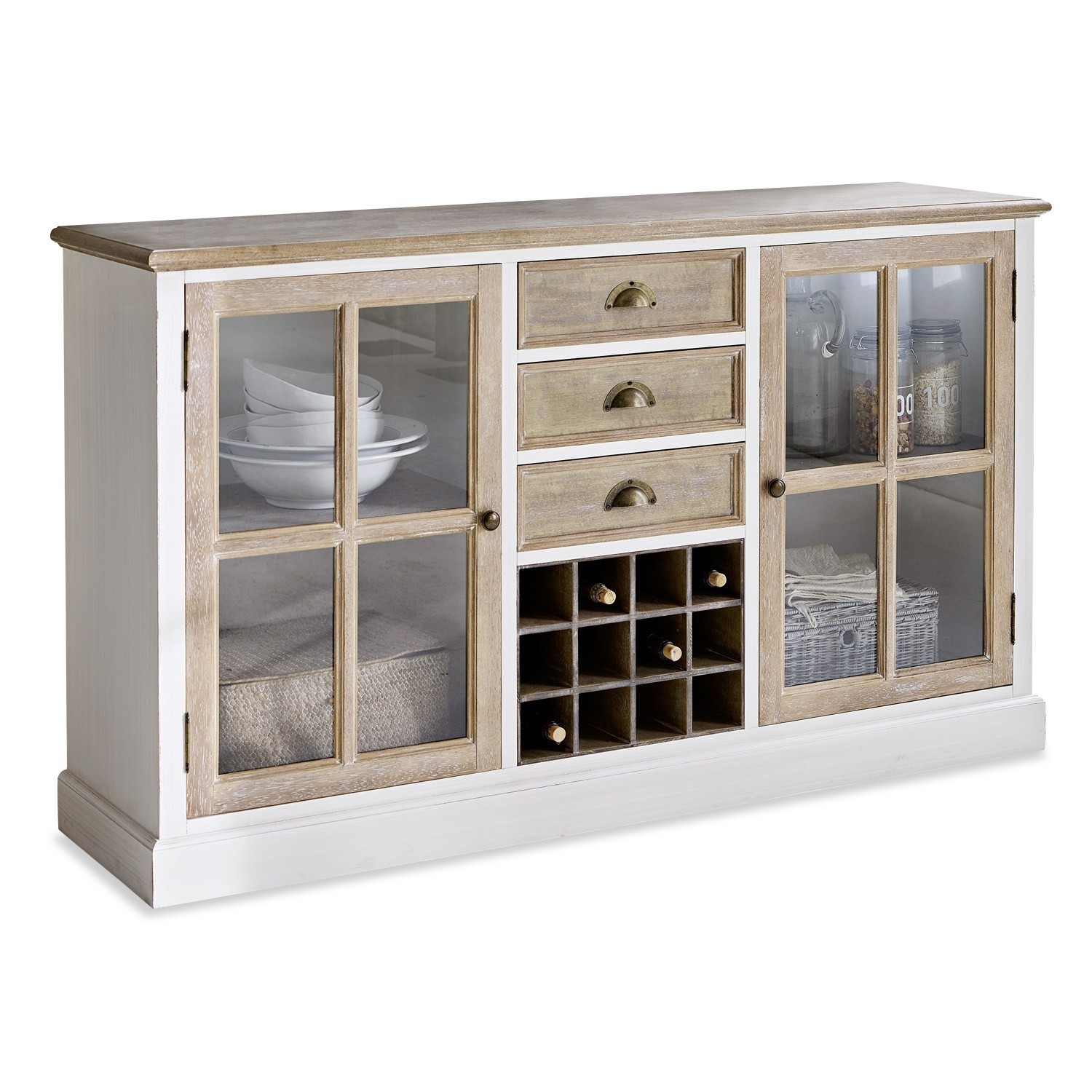 Commode Magoffin Buffet en bois et verre blanc et naturel avec tiroirs et rangement pour bouteilles de vin