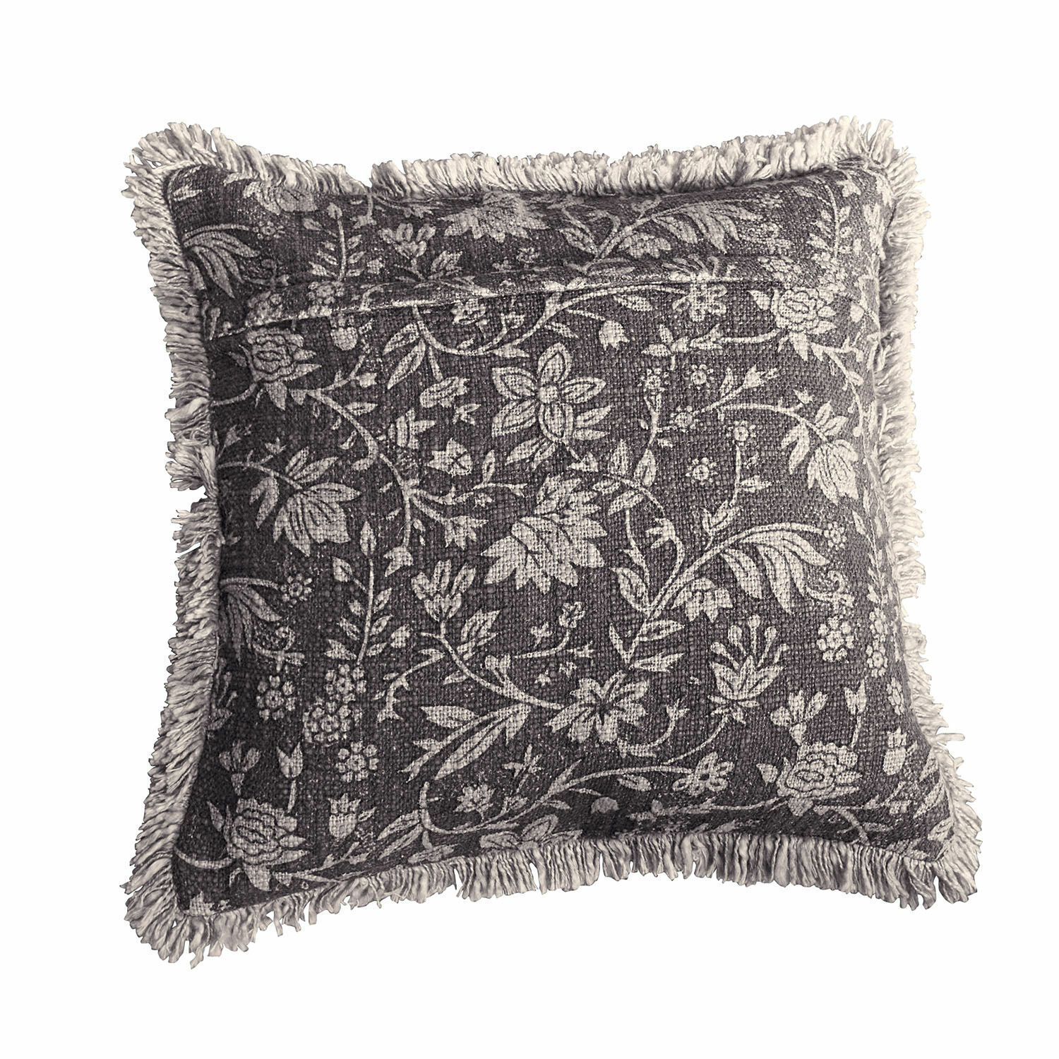 Housse de coussin Jorelise Coussin carré en coton gris avec motif floral et franges décoratives pour salon cosy