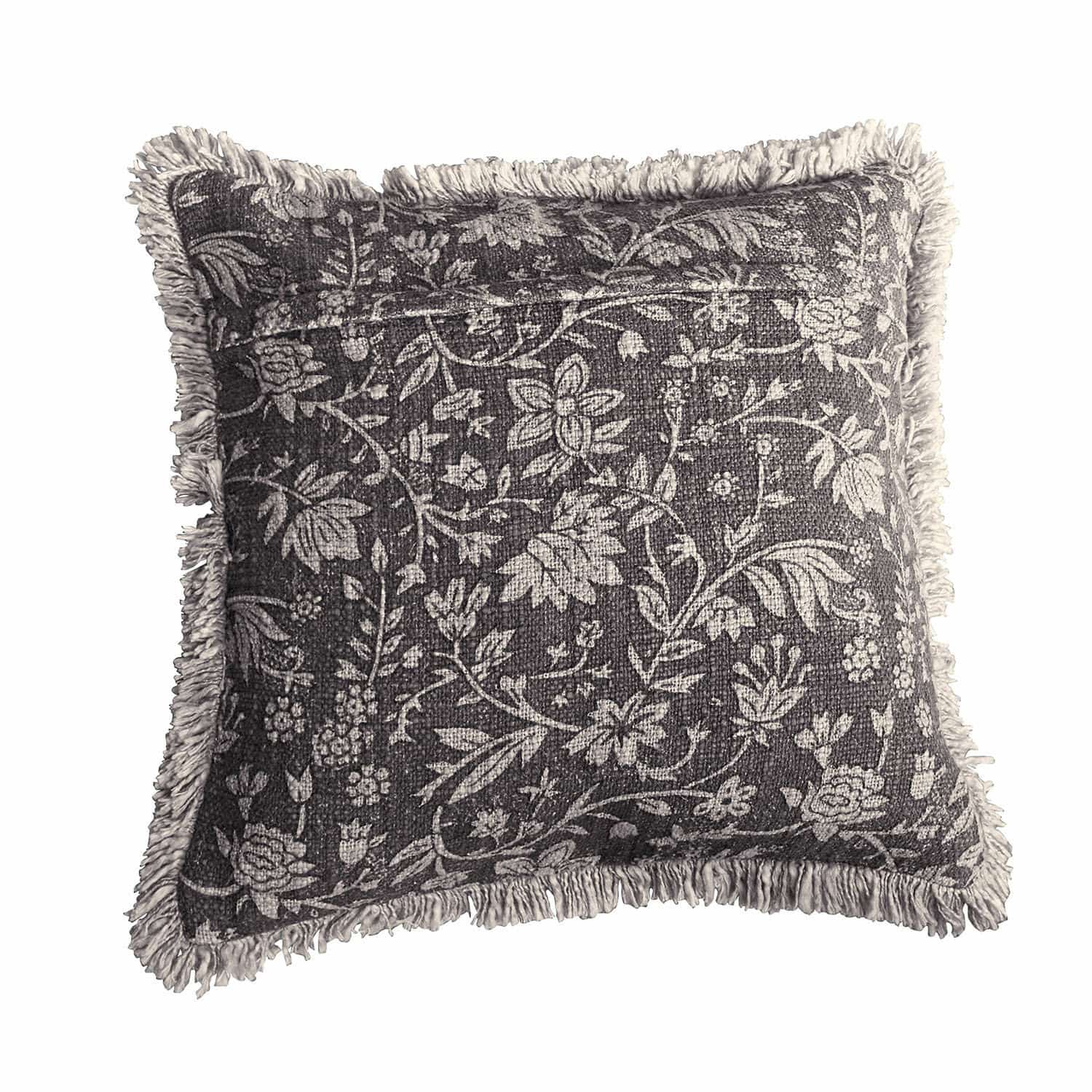 Housse de coussin Jorelise Coussin carré en coton gris avec motif floral et franges décoratives pour salon cosy