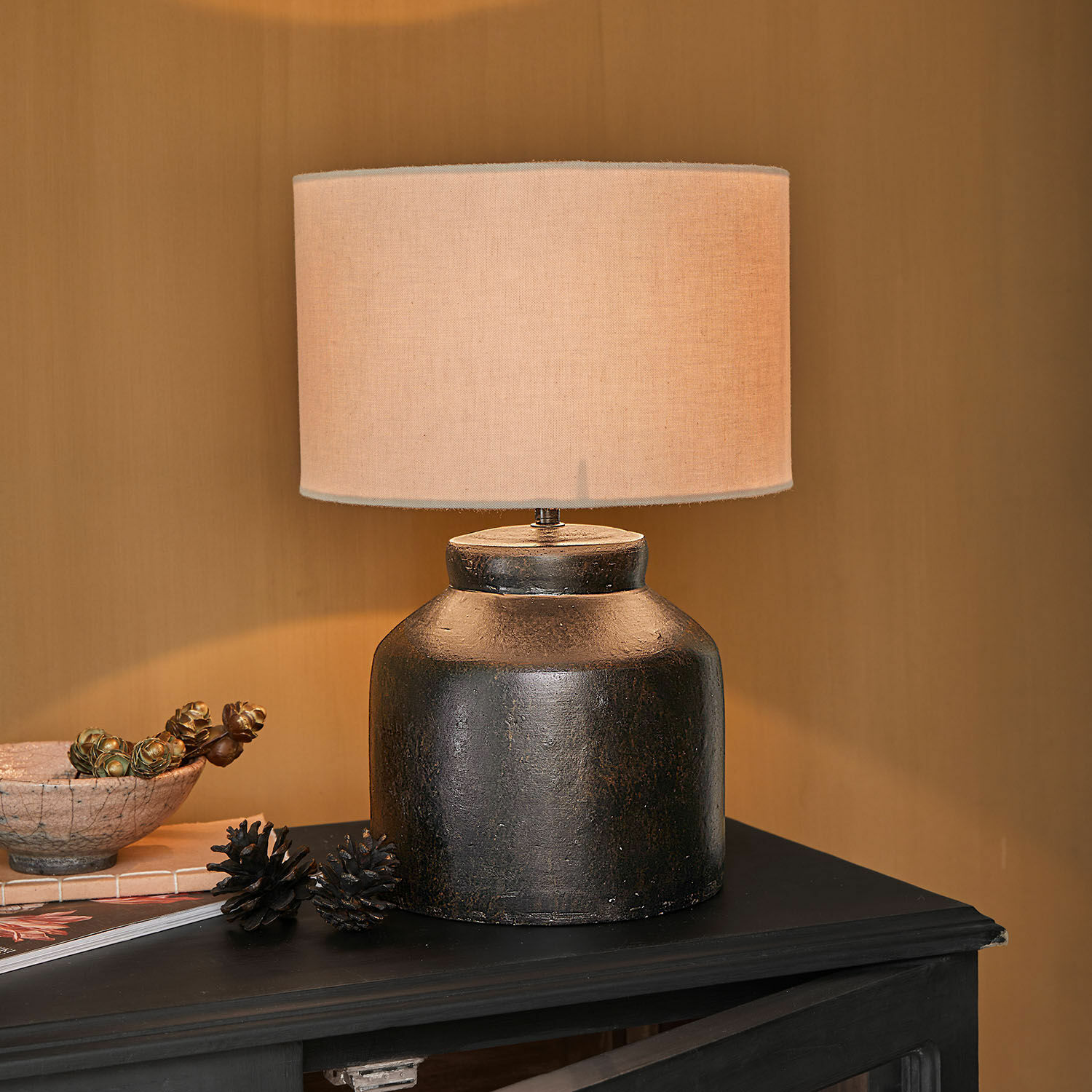 Lampe à poser Norelles Lampe de table en céramique noire avec abat-jour beige, éclairage et décoration intérieure