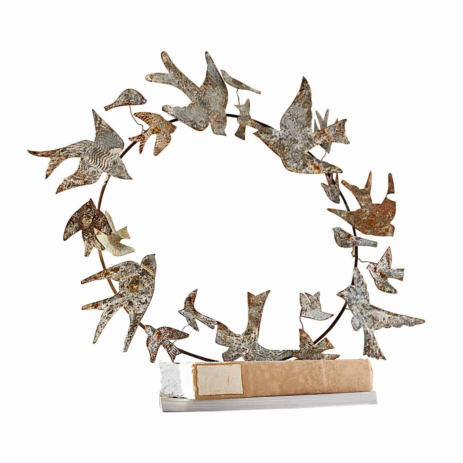 Couronne Lucin Décoration métallique en forme d'oiseaux sur anneau avec base en bois beige pour intérieur