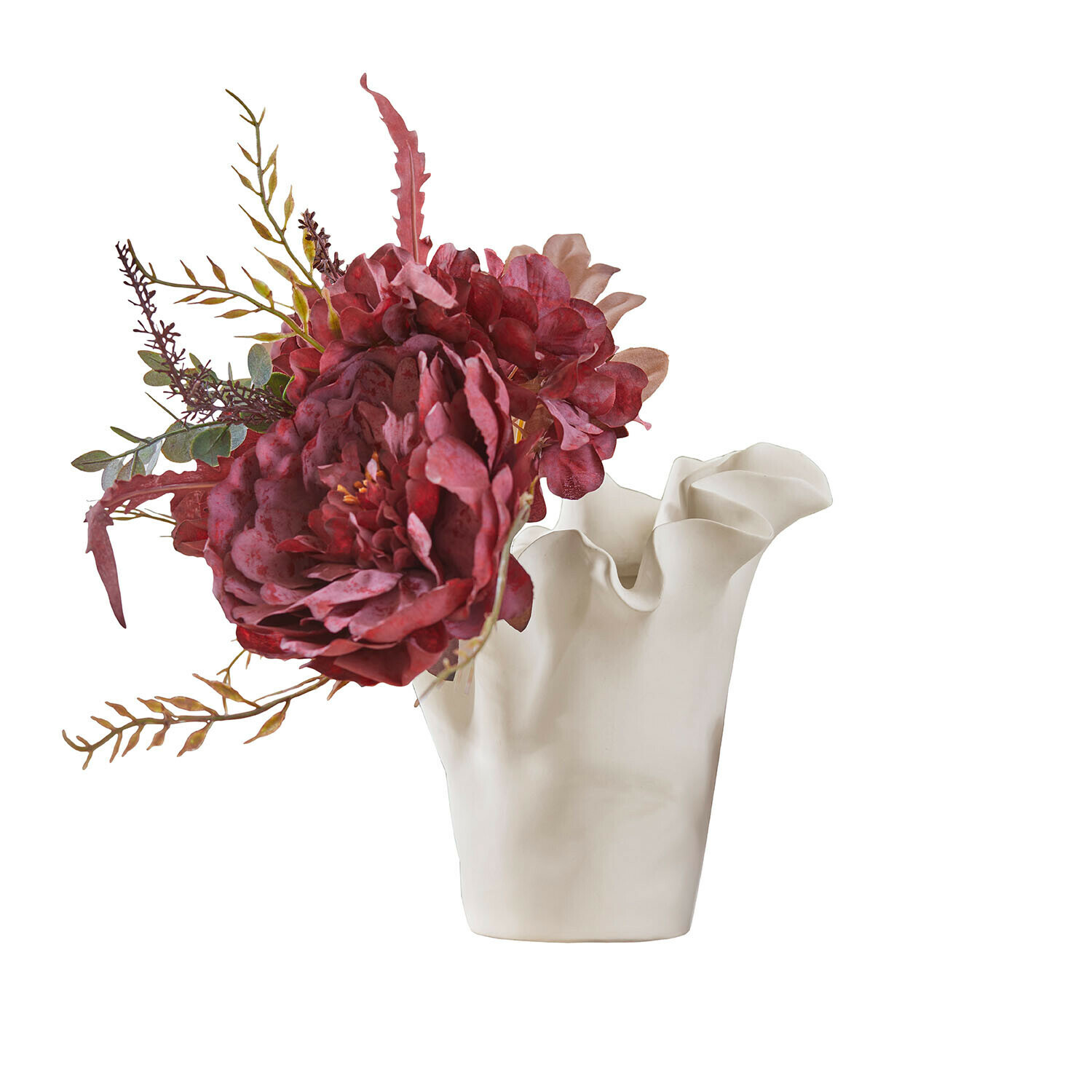 Vase Elvessa Vase en céramique blanche à bord ondulé avec fleurs artificielles rouges et feuillages verts décoratifs