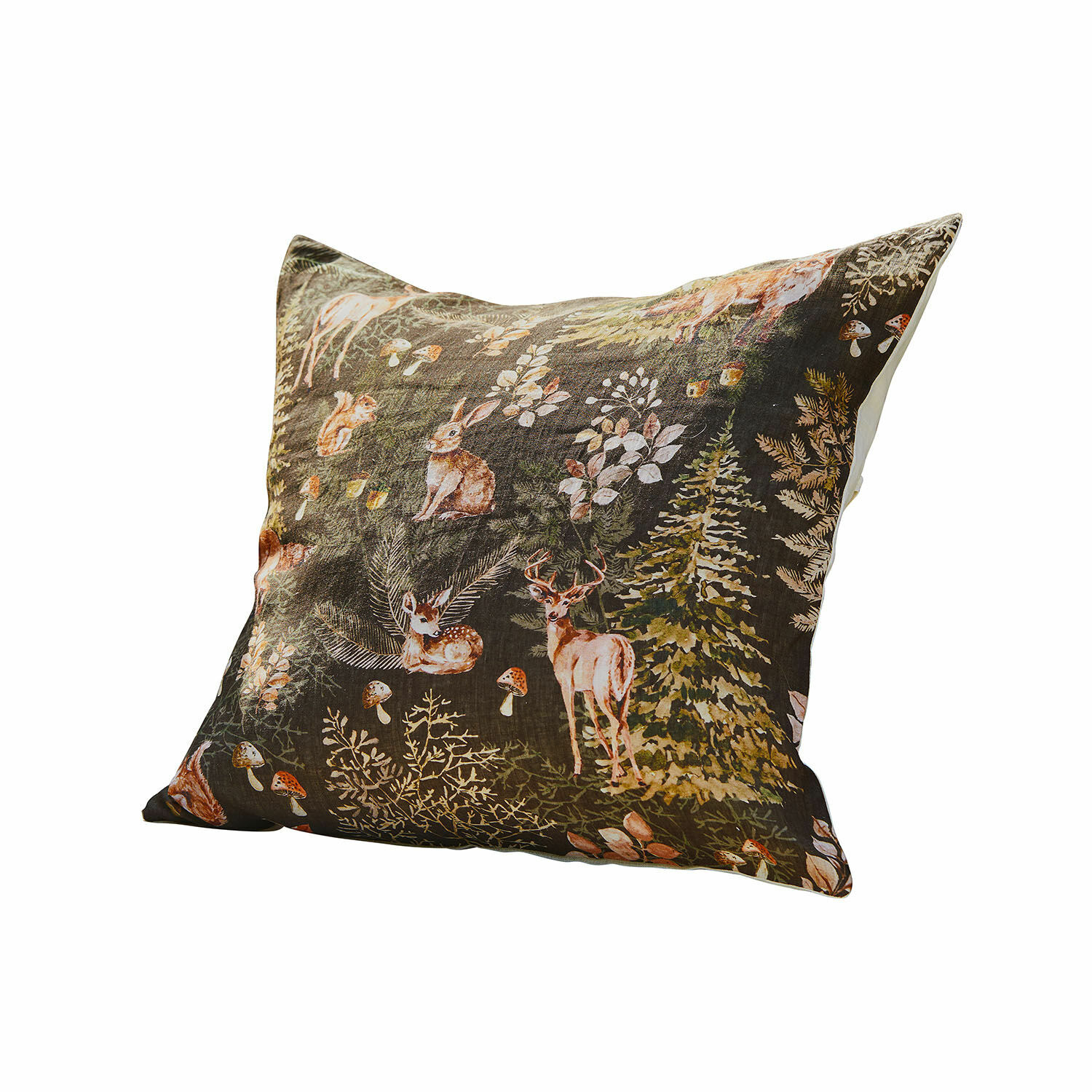 Housse de coussin Clairvigne Coussin décoratif en coton avec motif animaux de la forêt sur fond foncé, accessoire déco intérieur