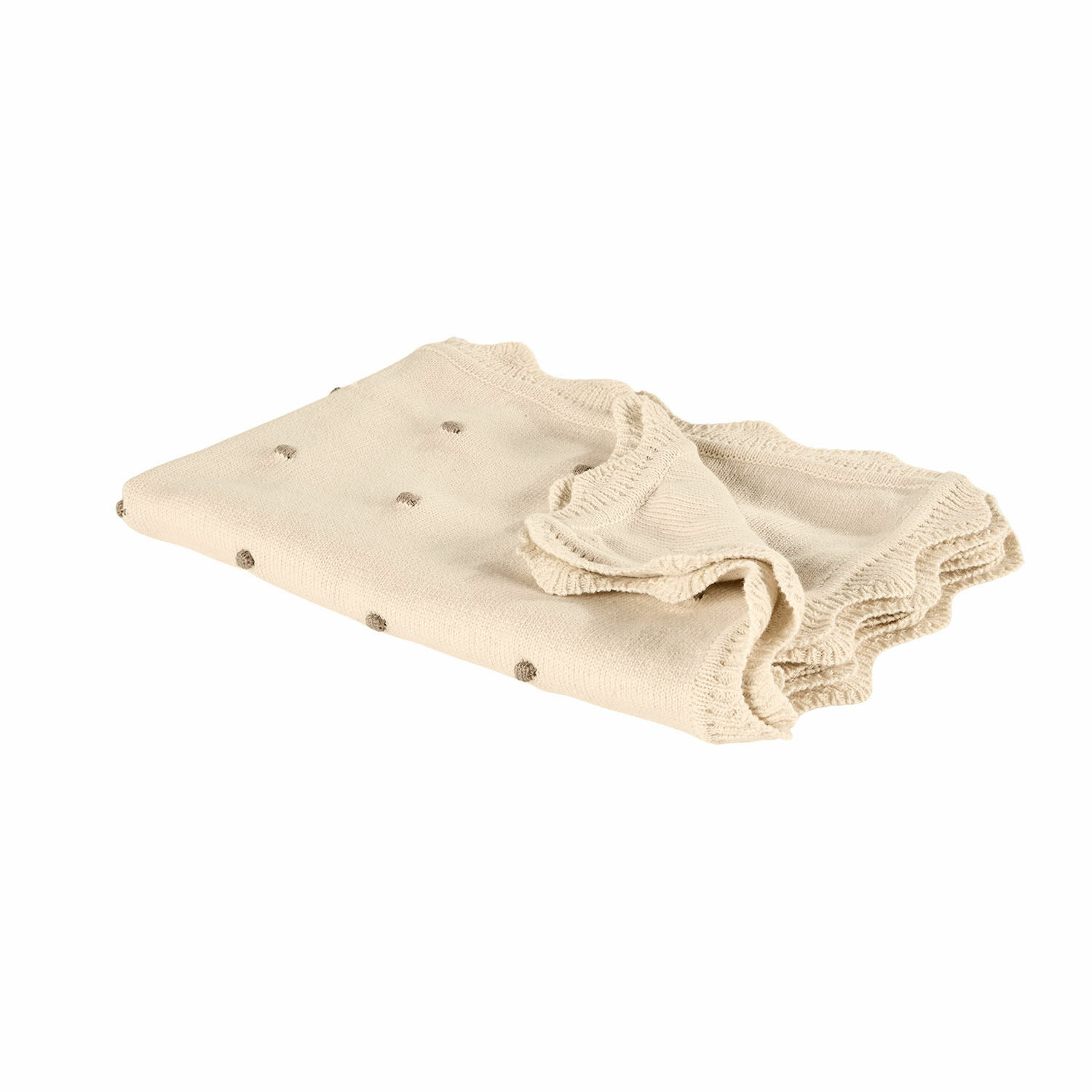 Plaid Saphie Plaid beige en maille avec petits pois marron clair et bord ondulé, tissu doux et confortable.
