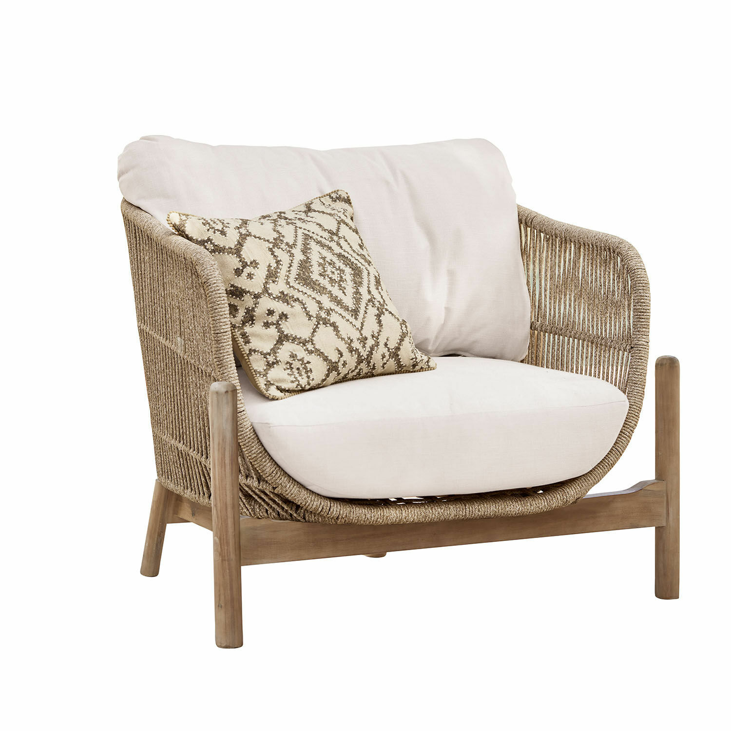 Fauteuil FSC®-100% Belvidere Fauteuil avec coussin beige et dossier tressé en bois naturel et tissu doux