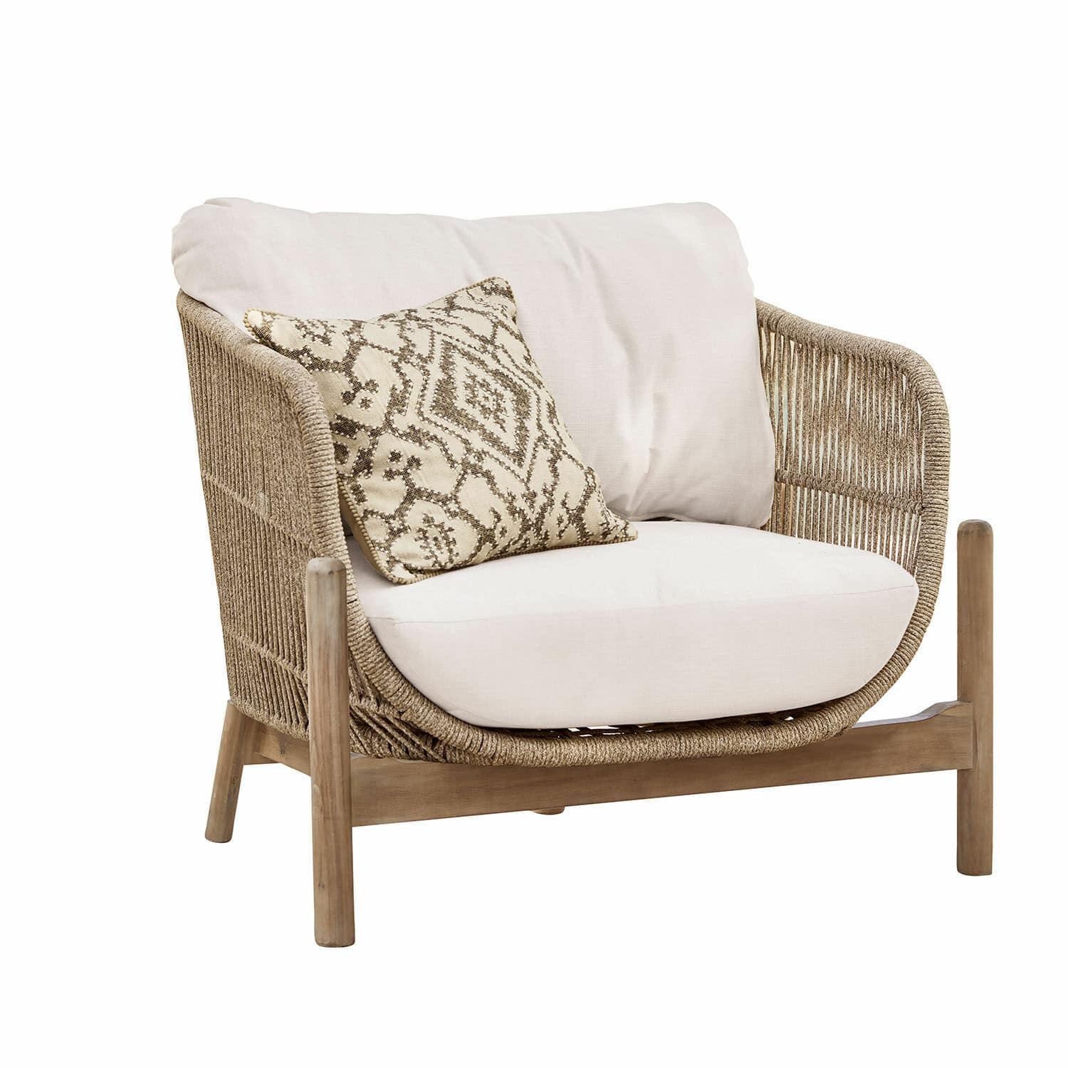 Fauteuil FSC®-100% Belvidere Fauteuil avec coussin beige et dossier tressé en bois naturel et tissu doux