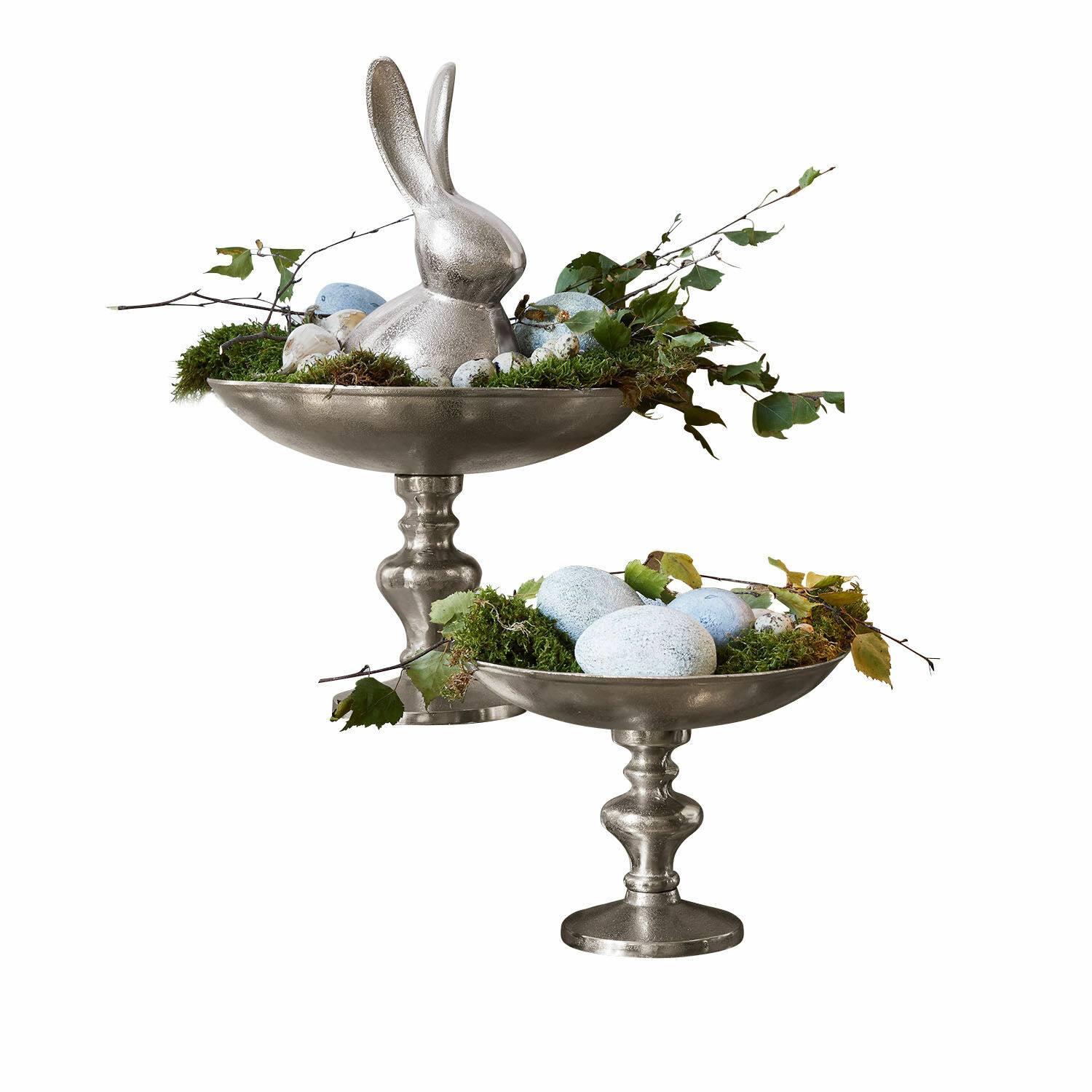 Lot de 2 coupes Helfa Coupes décoratives argentées sur pied avec lapin de Pâques, œufs bleus et mousse verte