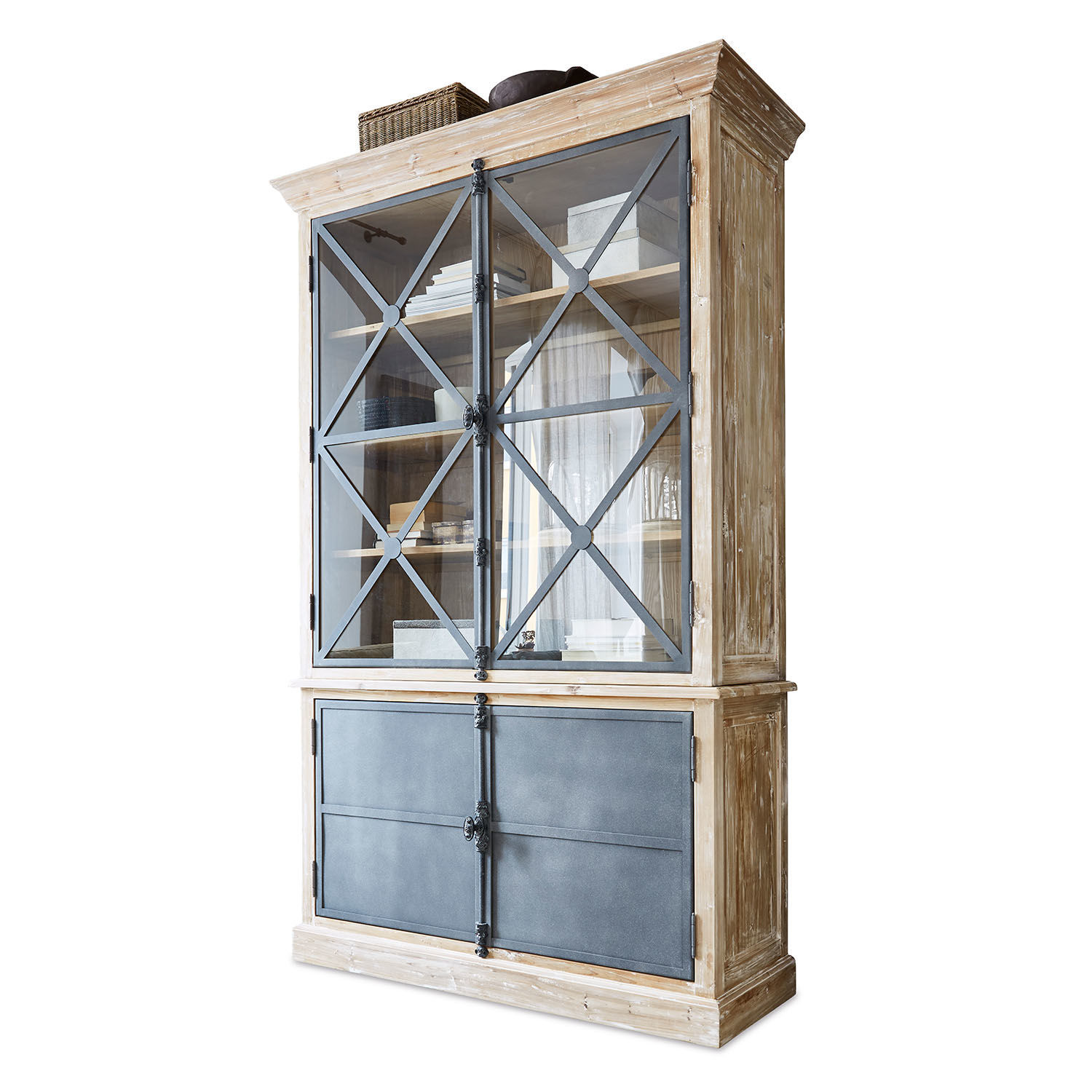 Buffet Kingswin Vitrine en bois naturel et métal avec portes vitrées et étagères pour livres et objets déco