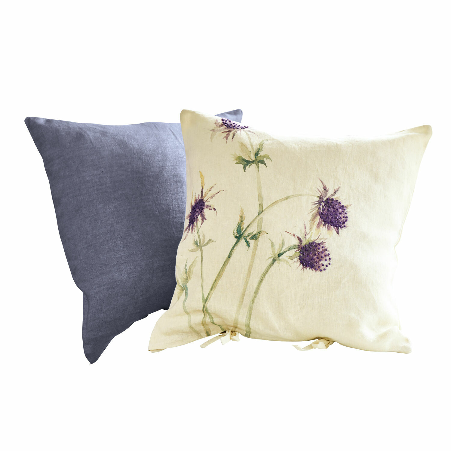 Lot de 2 housses de coussins Épine Ensemble de deux coussins en lin, un crème avec motif floral violet, l'autre gris uni pour décoration intérieure