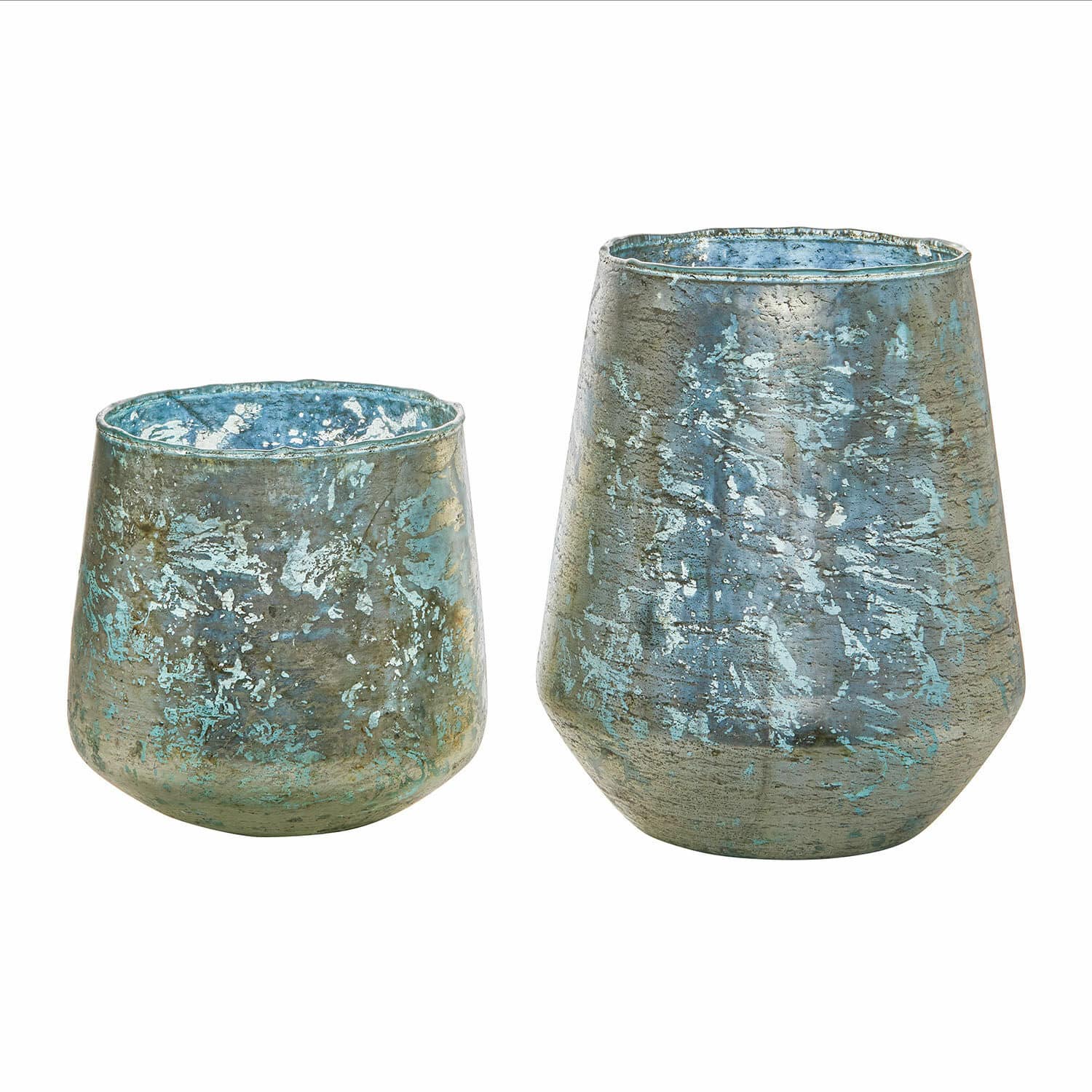 Lot de 2 photophores Gare Ensemble de deux vases décoratifs en métal bleu-gris pour décoration intérieure