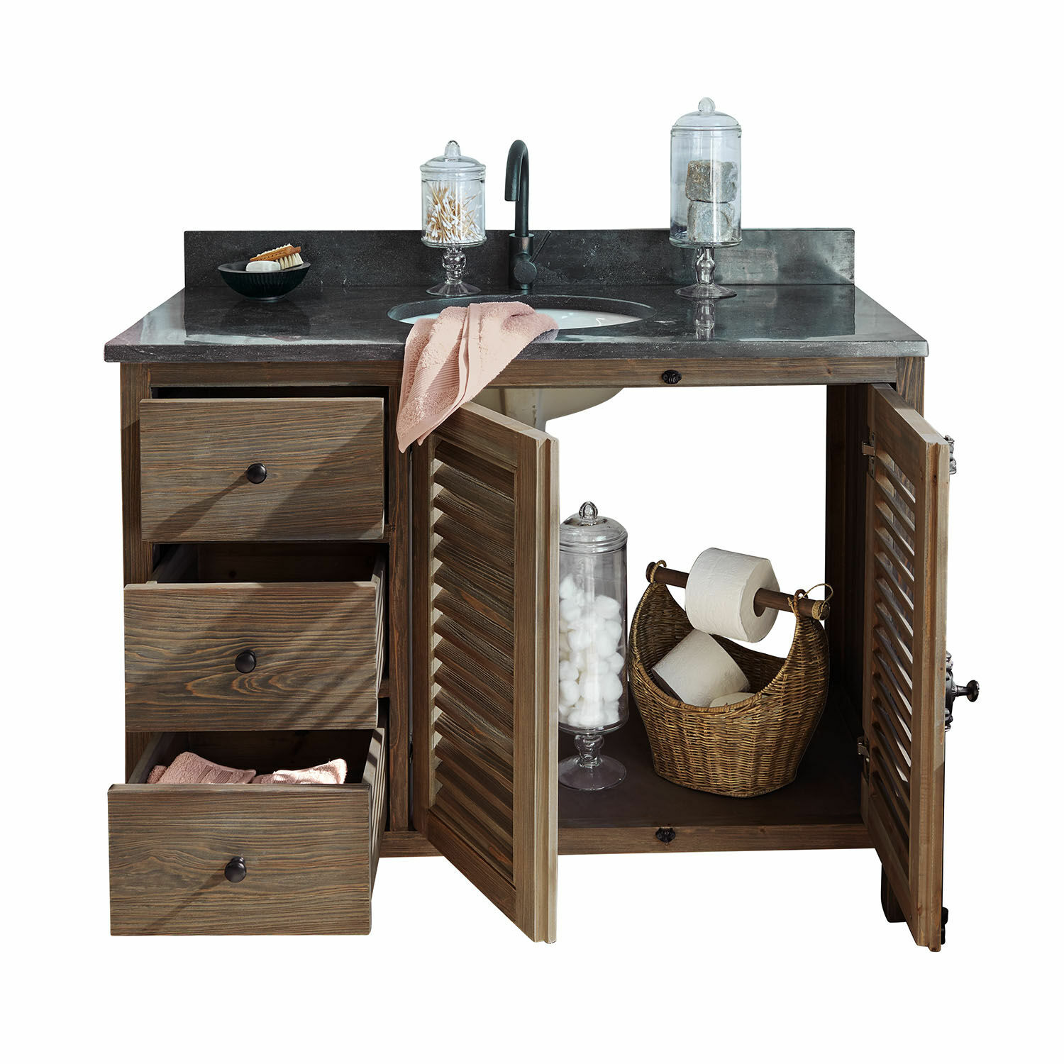 Meuble avec vasque Ferocelle Meuble de salle de bain en bois avec plan noir et lavabo, tiroirs et portes ouverts