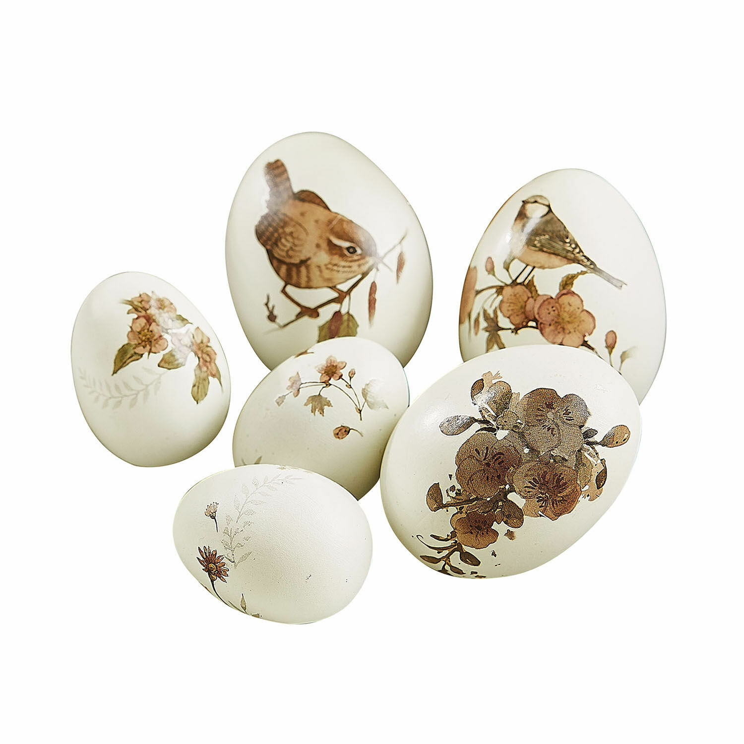 Lot de 6 œufs décoratifs Sylphette Ensemble de six œufs décoratifs beige avec motifs d'oiseaux et fleurs pour décoration printanière