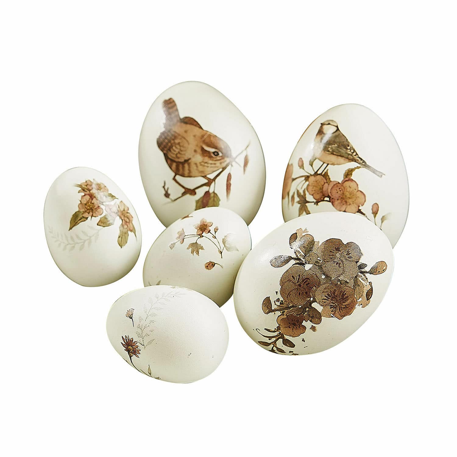 Lot de 6 œufs décoratifs Sylphette Ensemble de six œufs décoratifs beige avec motifs d'oiseaux et fleurs pour décoration printanière