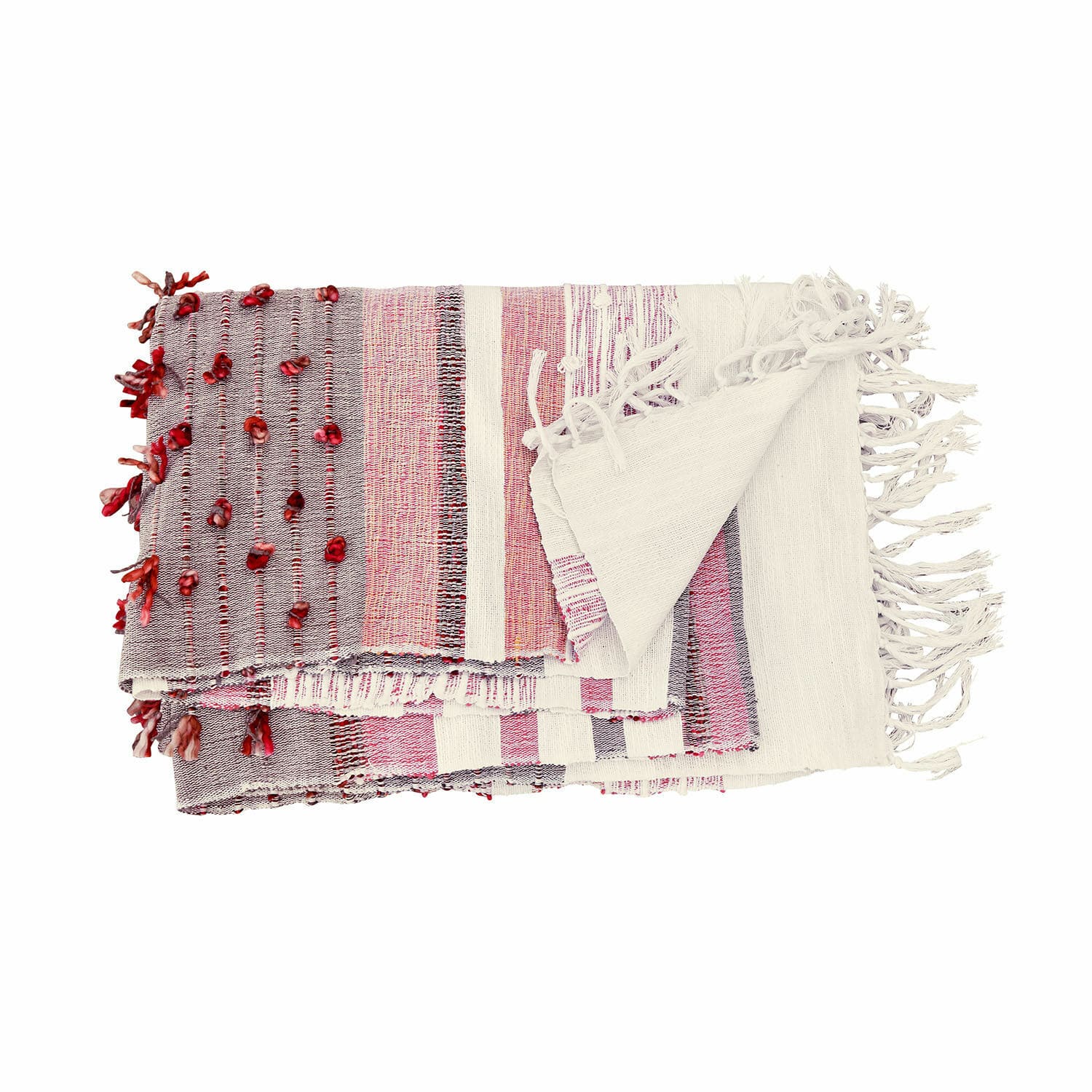 Plaid Yazmira Plaid en coton coloré avec franges et décorations rouges, couverture douce pour décoration