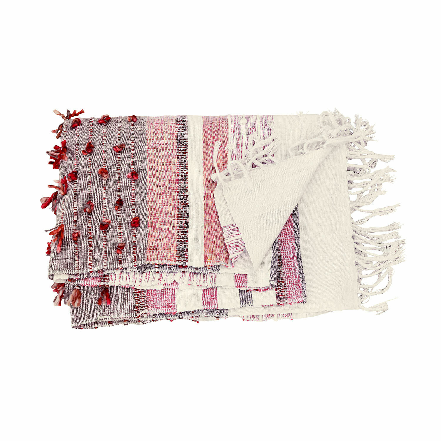 Plaid Yazmira Plaid en coton coloré avec franges et décorations rouges, couverture douce pour décoration