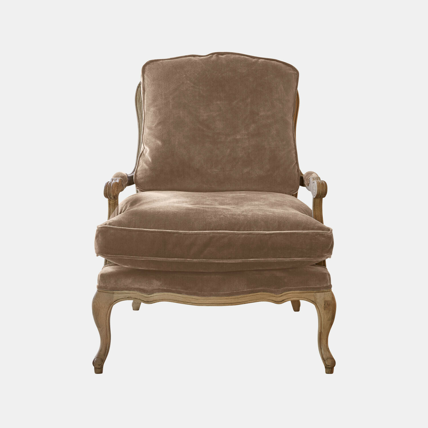 taupe/marron Fauteuil Corlay en tissu taupe doux avec structure en bois sculpté style vintage