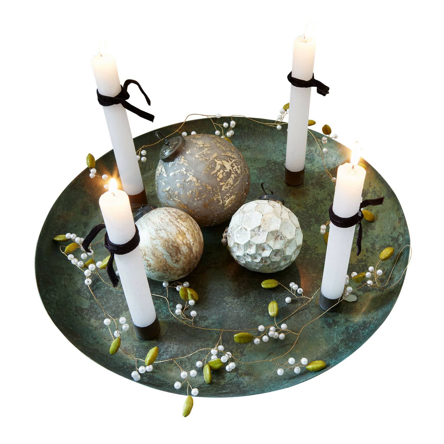 Plateau à bougies Valenzas Plateau en métal vert avec bougies blanches et boules décoratives pour décoration de table festive