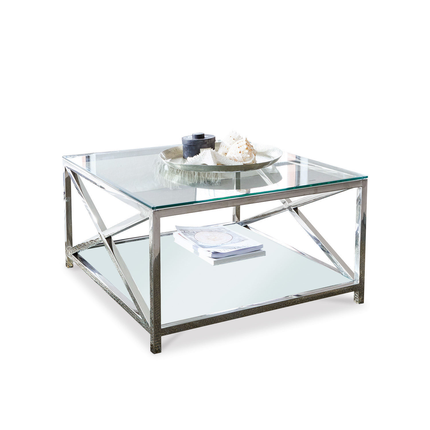 Table basse Stamford Table basse carrée avec plateau en verre et cadre métallique argenté pour salon moderne