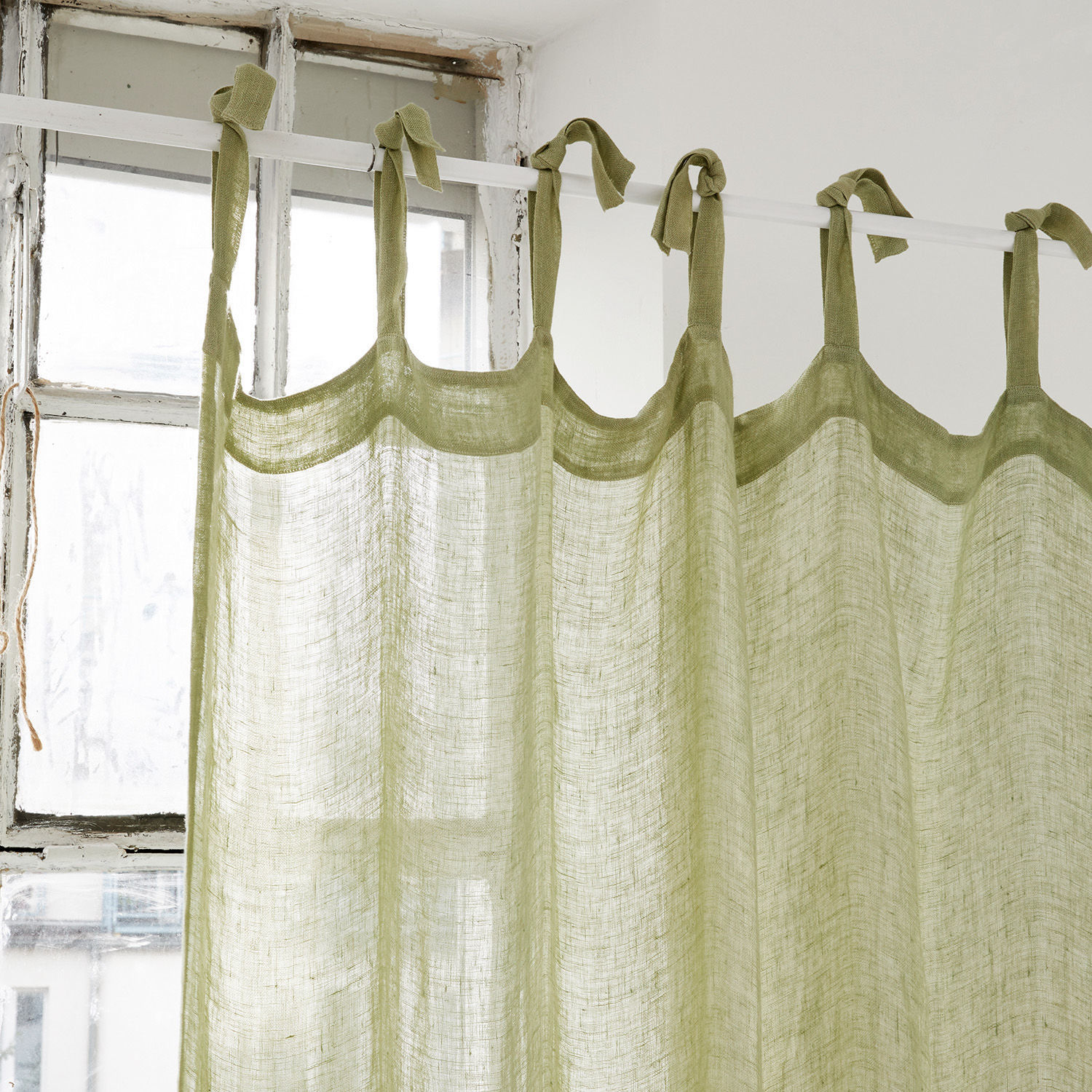 Rideau Gryphia Rideau vert en lin avec boucles nouées, léger et transparent pour décoration de fenêtre