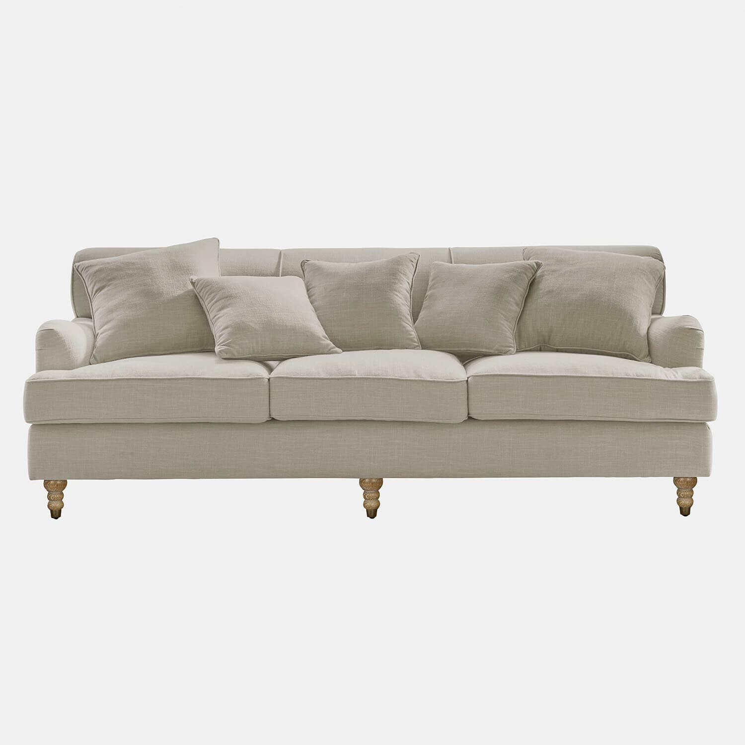 Canapé beige en tissu avec coussins et pieds en bois, meuble confortable pour salon