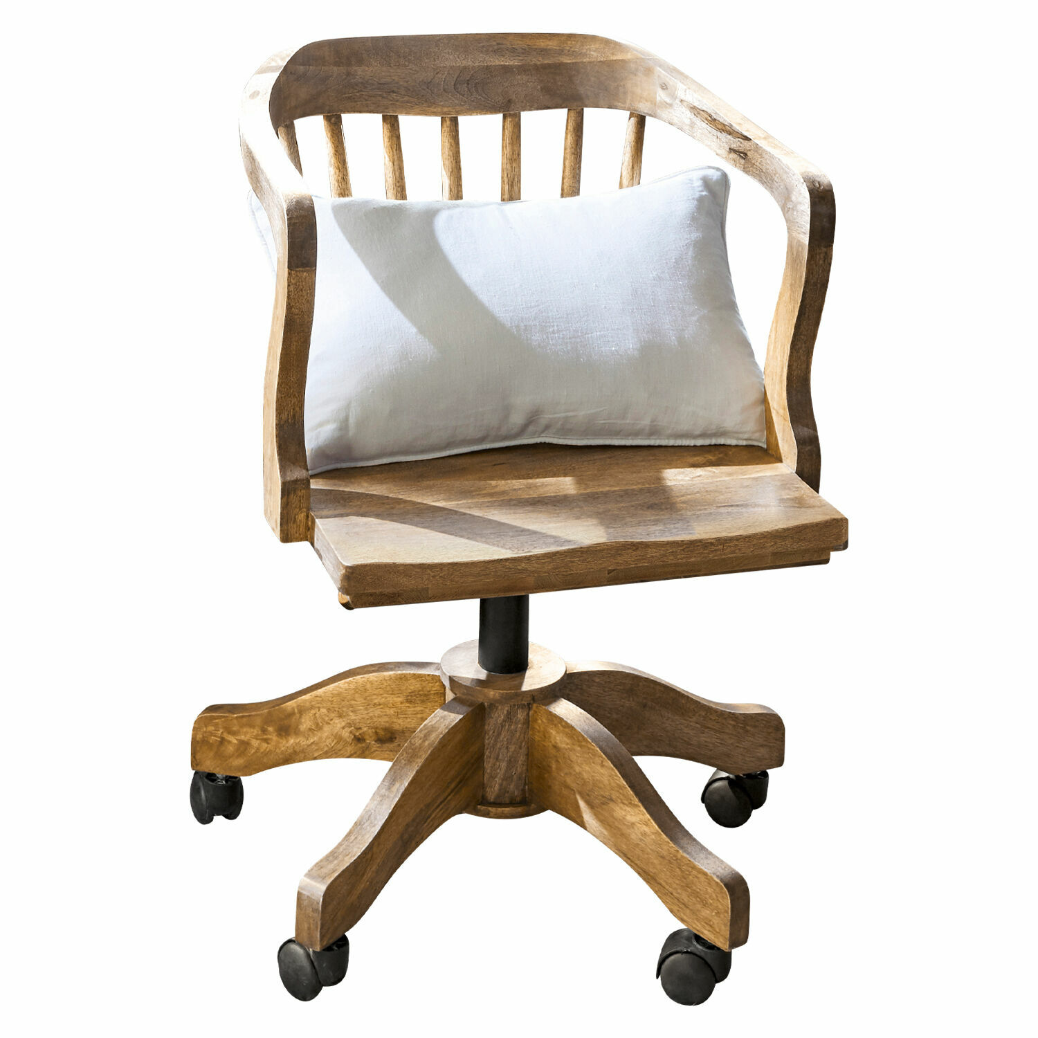 Chaise de bureau Kerava Chaise de bureau pivotante en bois de manguier naturel avec coussin blanc et roulettes